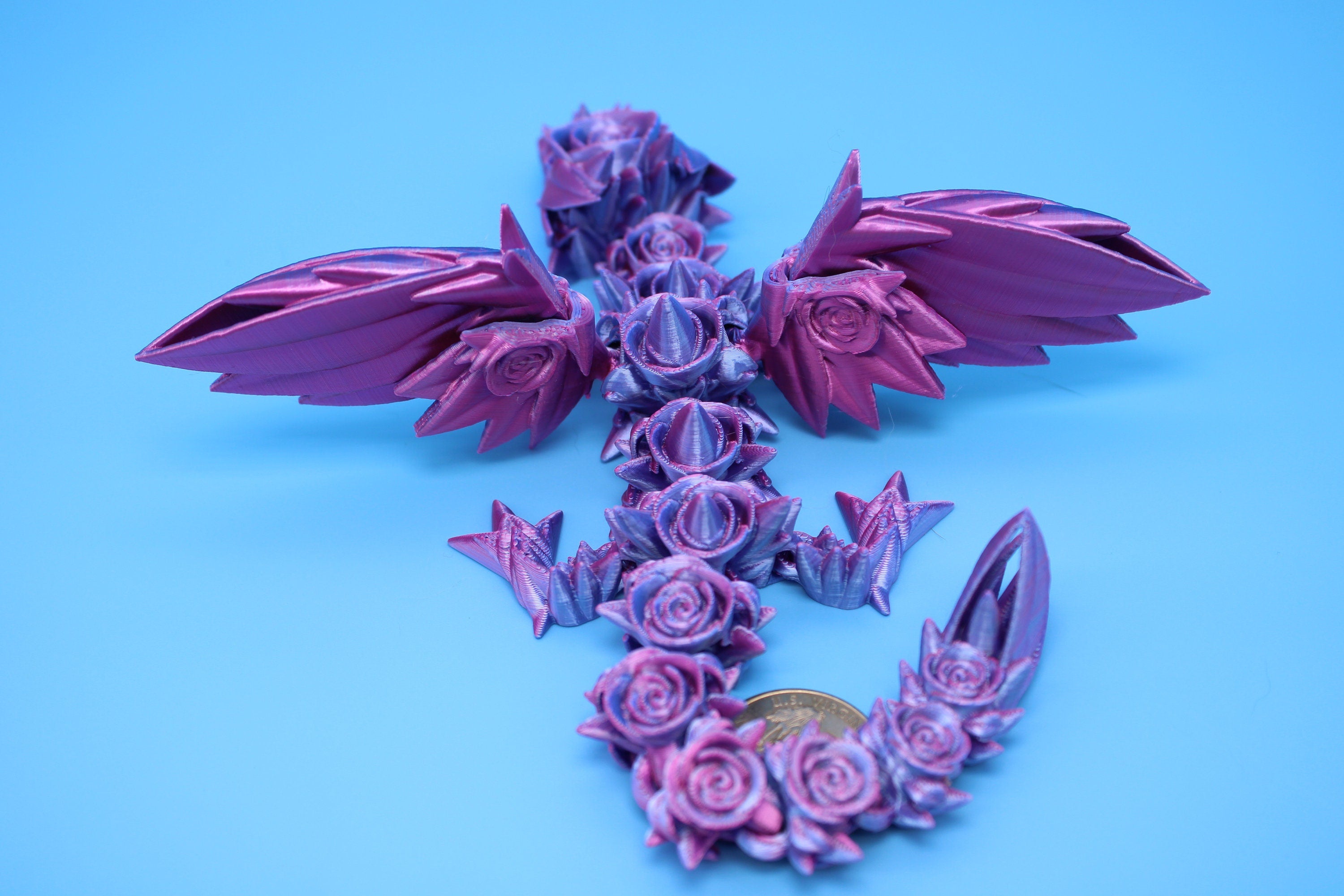 Baby Rose Wing Dragon | Blue / Pink | 3D Printed | Fidget | Flexi Toy 8.5 in. | Stress Relief Gift