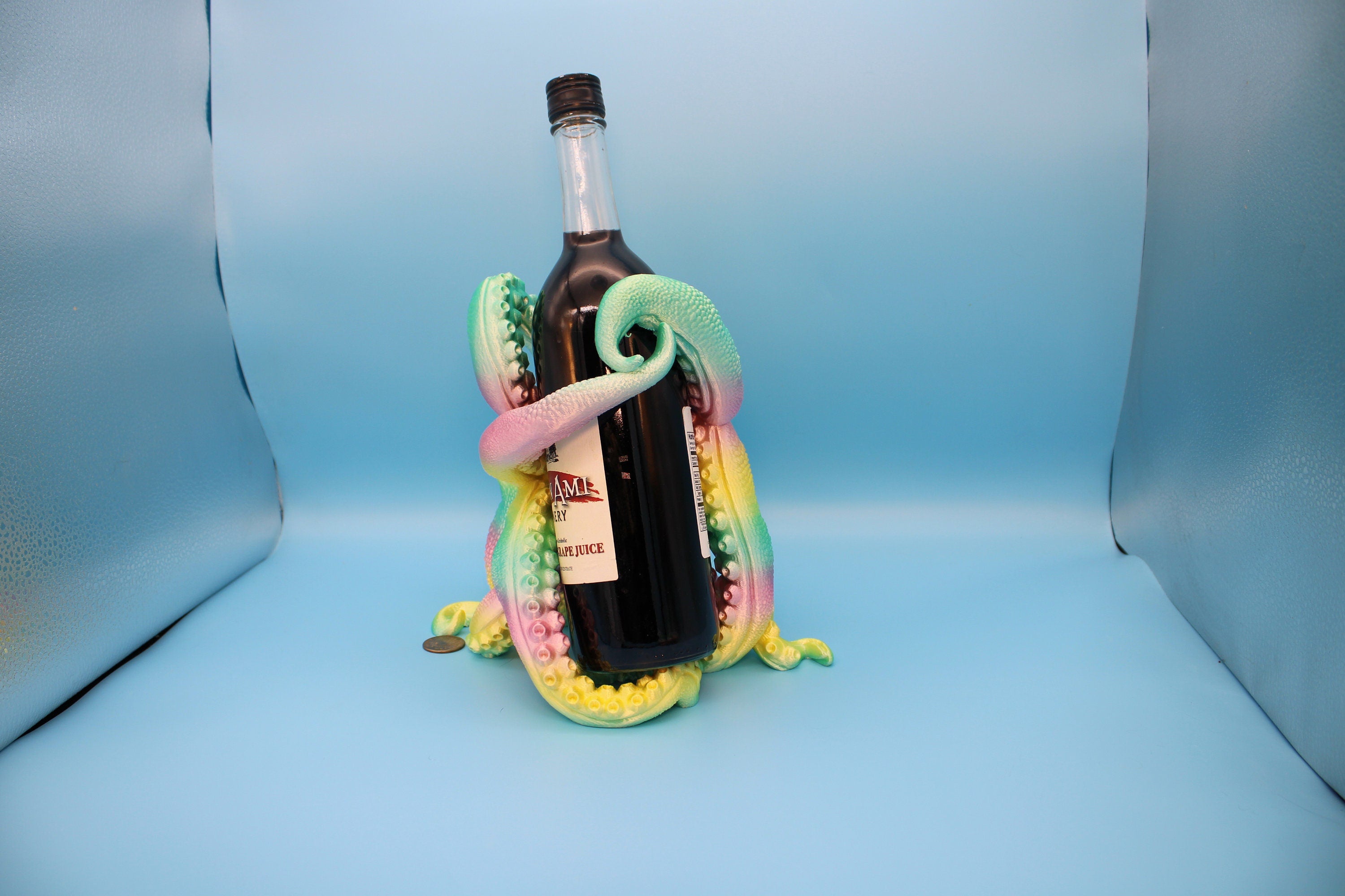 Rainbow Cute Octopus | Wine Bottle Holder | Bottle Display | 3D Printed Art | Holds Wine Bottles 750ml. standard size 9.5 in. circumference.