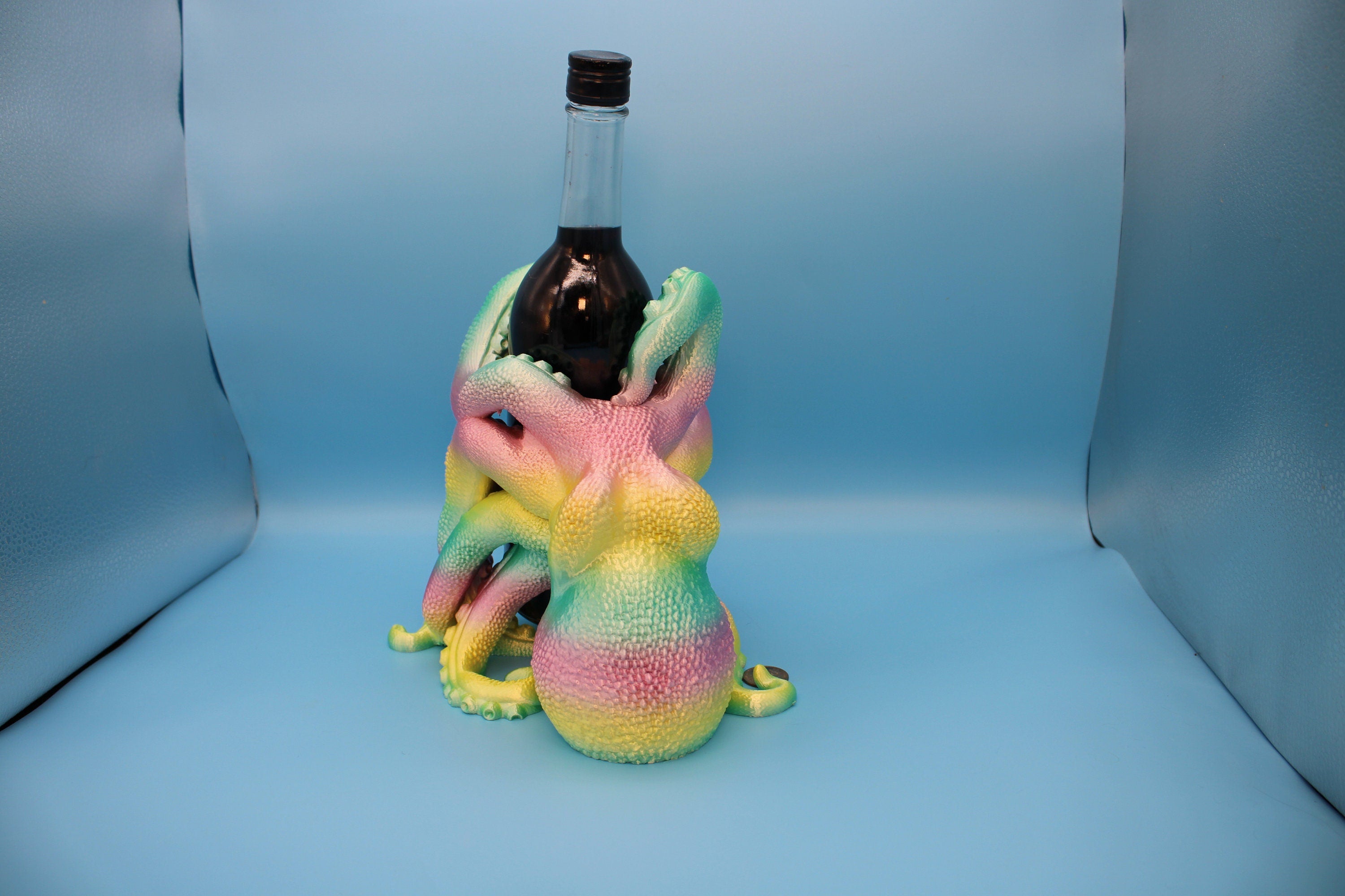 Rainbow Cute Octopus | Wine Bottle Holder | Bottle Display | 3D Printed Art | Holds Wine Bottles 750ml. standard size 9.5 in. circumference.