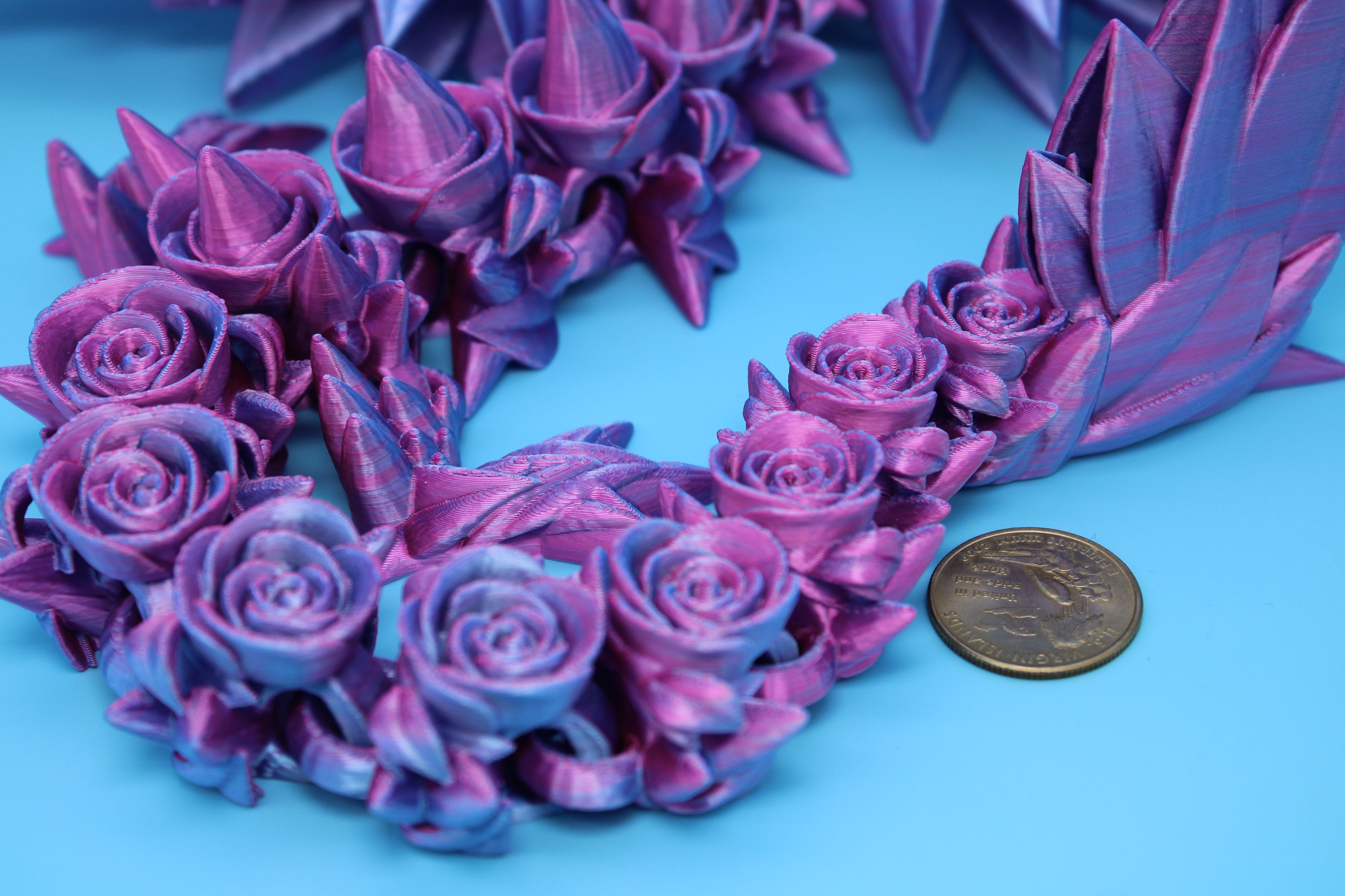 Rose Wing Dragon- Pink & Blue | Articulating Dragon | 3D Printed Fidget | 19 in.