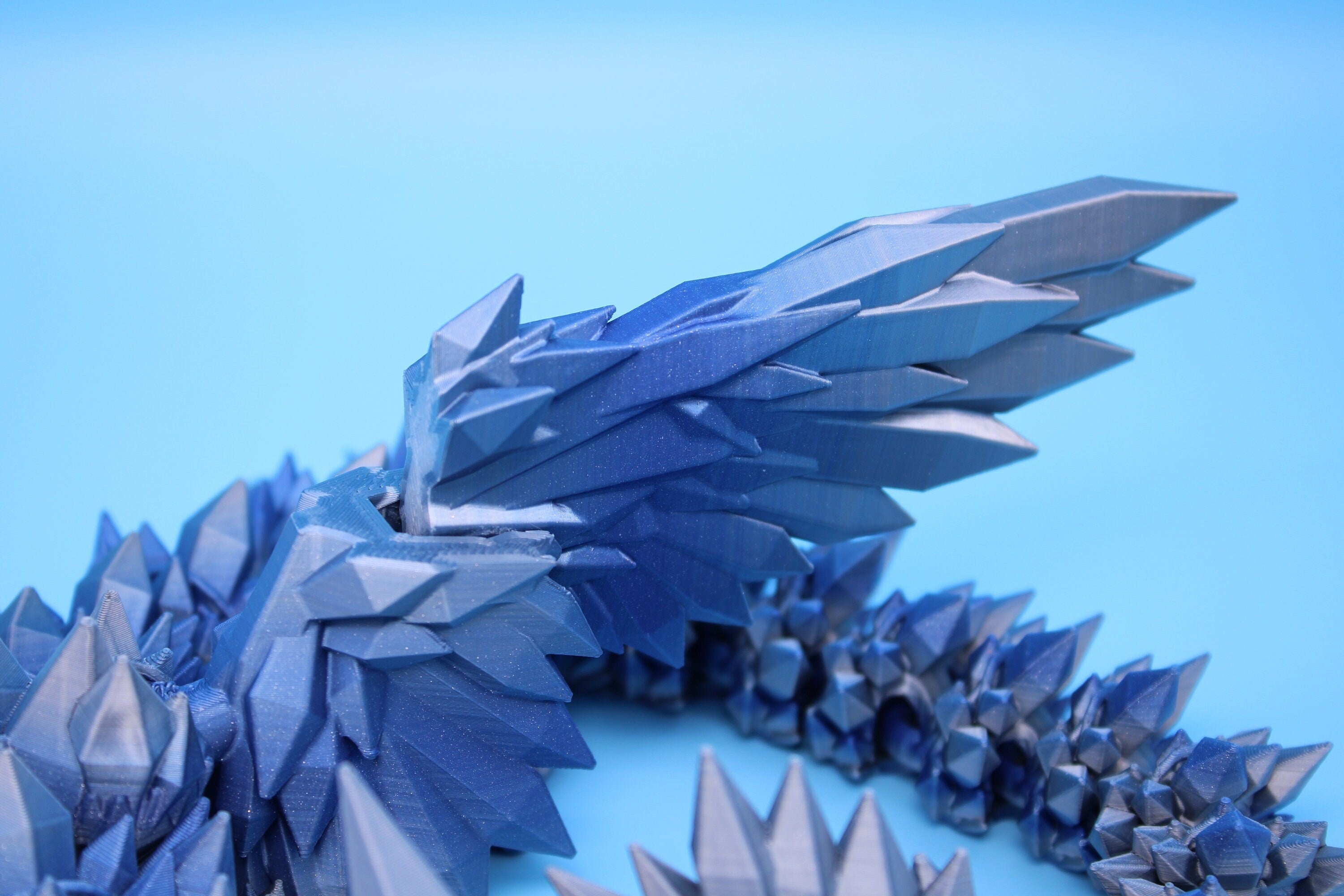 Crystal Winged Dragon | Blue / Silver Crystal Wing Dragon | 3D printed | Articulating Dragon | Fidget Toy | Flexi Toy | 18 in