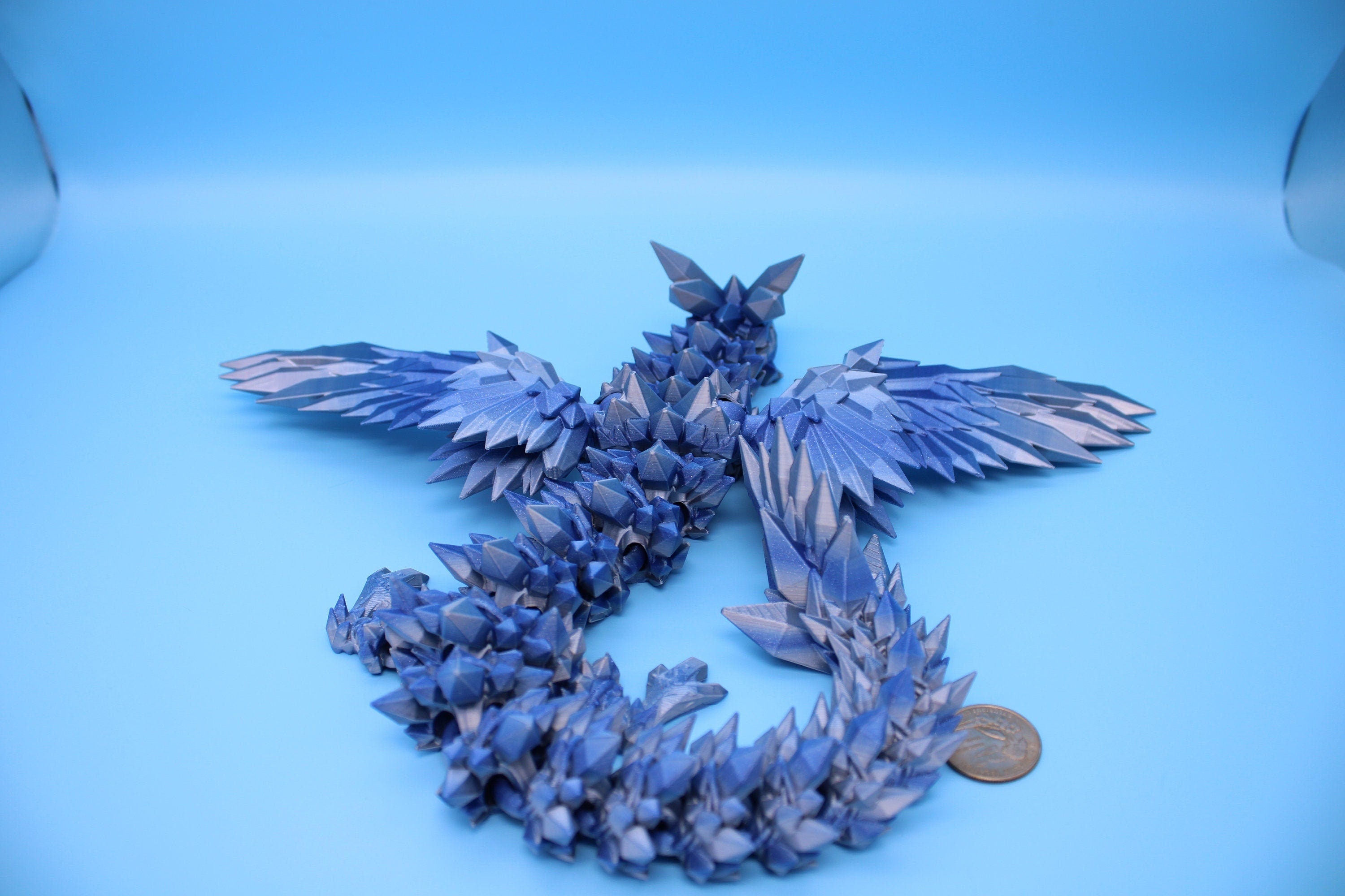 Crystal Winged Dragon | Blue / Silver Crystal Wing Dragon | 3D printed | Articulating Dragon | Fidget Toy | Flexi Toy | 18 in