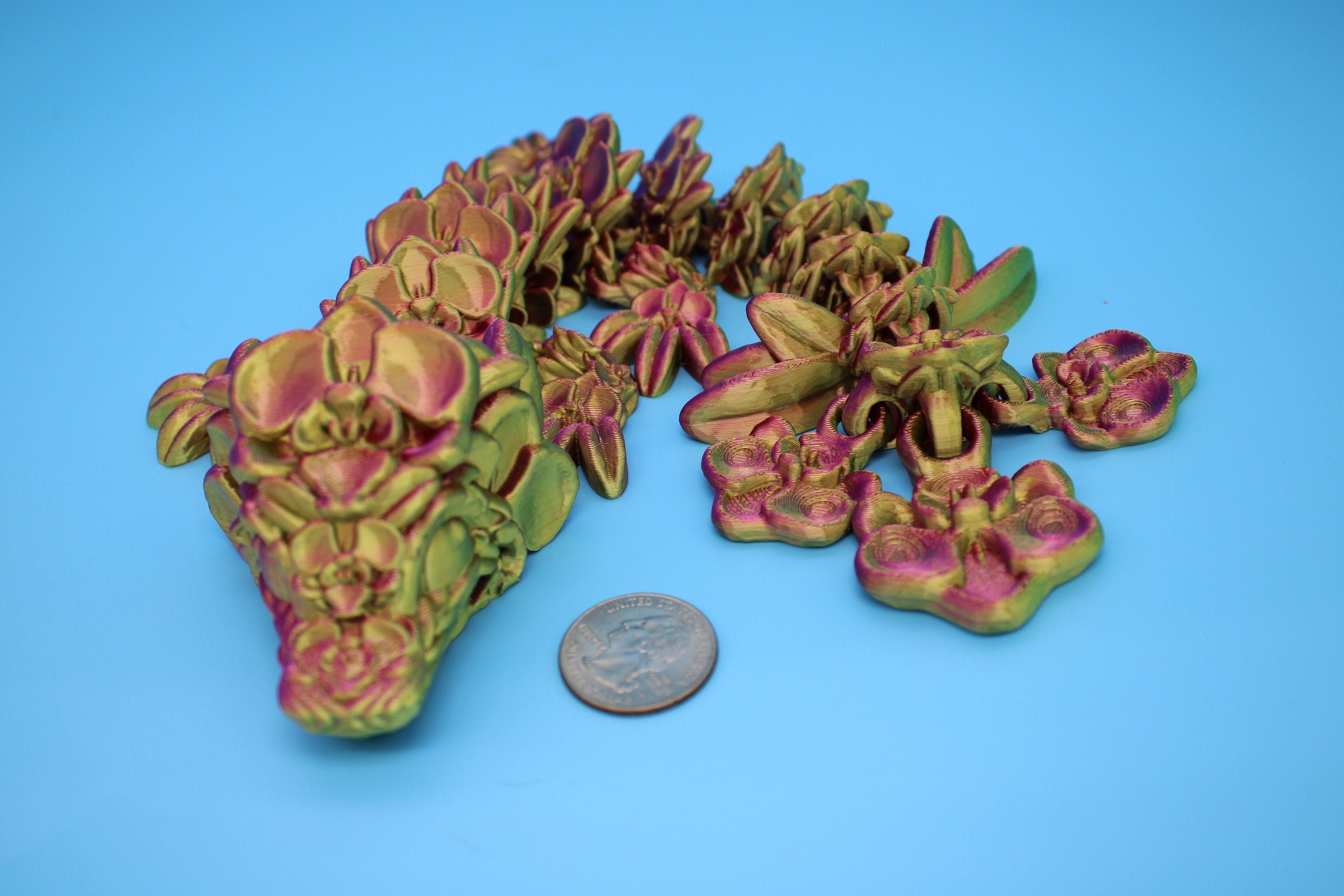 Baby Multi Color Orchid Dragon | 3D Printed Articulating Dragon | Flexi Toy | Adult Fidget Toy | Dragon Buddy ready for you! 12.5 inch.
