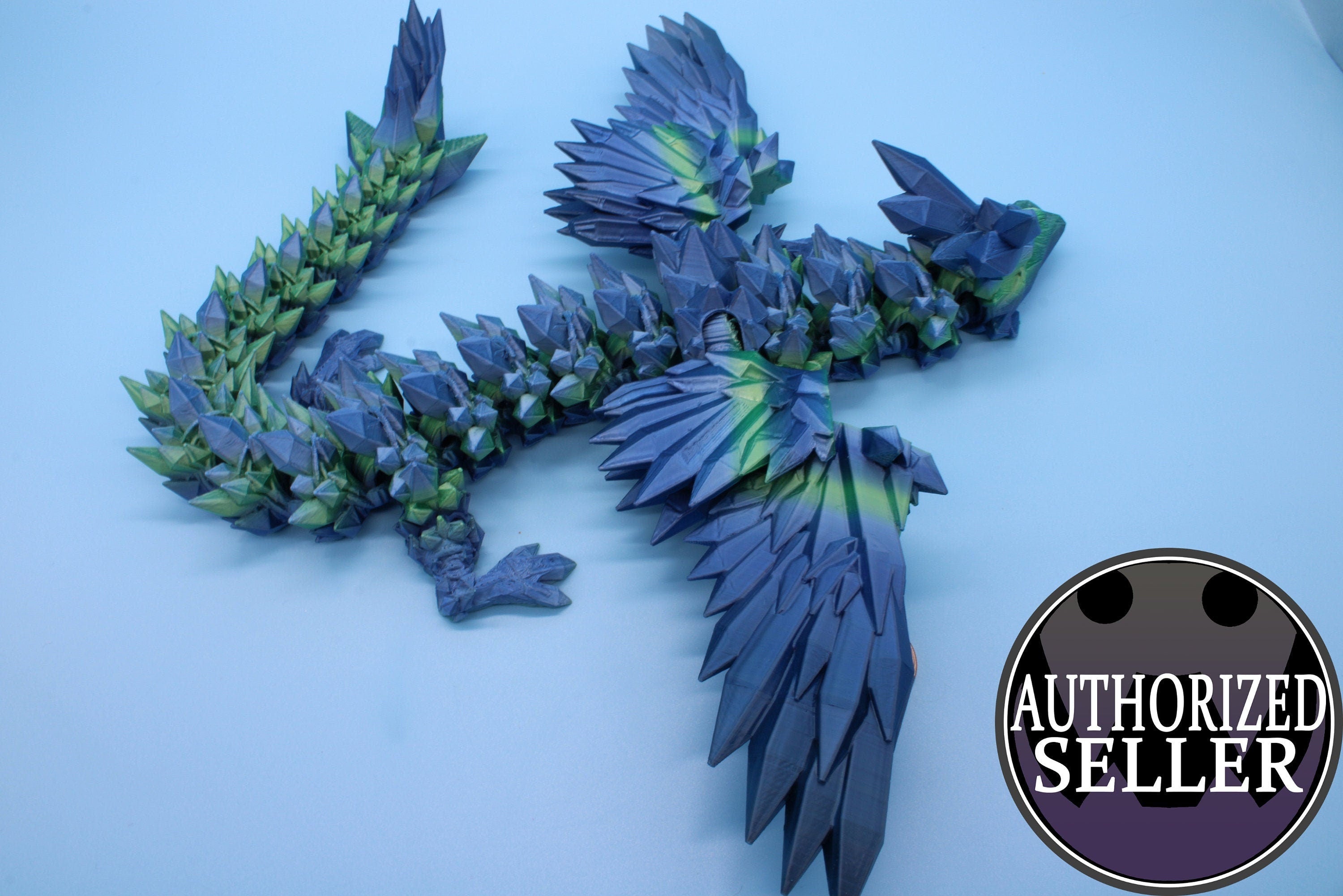 Flawed Blue / Green Crystal Winged Dragon. Crystal Wing Dragon 3D printed articulating dragon. flexi Toy, 18 in. Stress Relief, Gift.