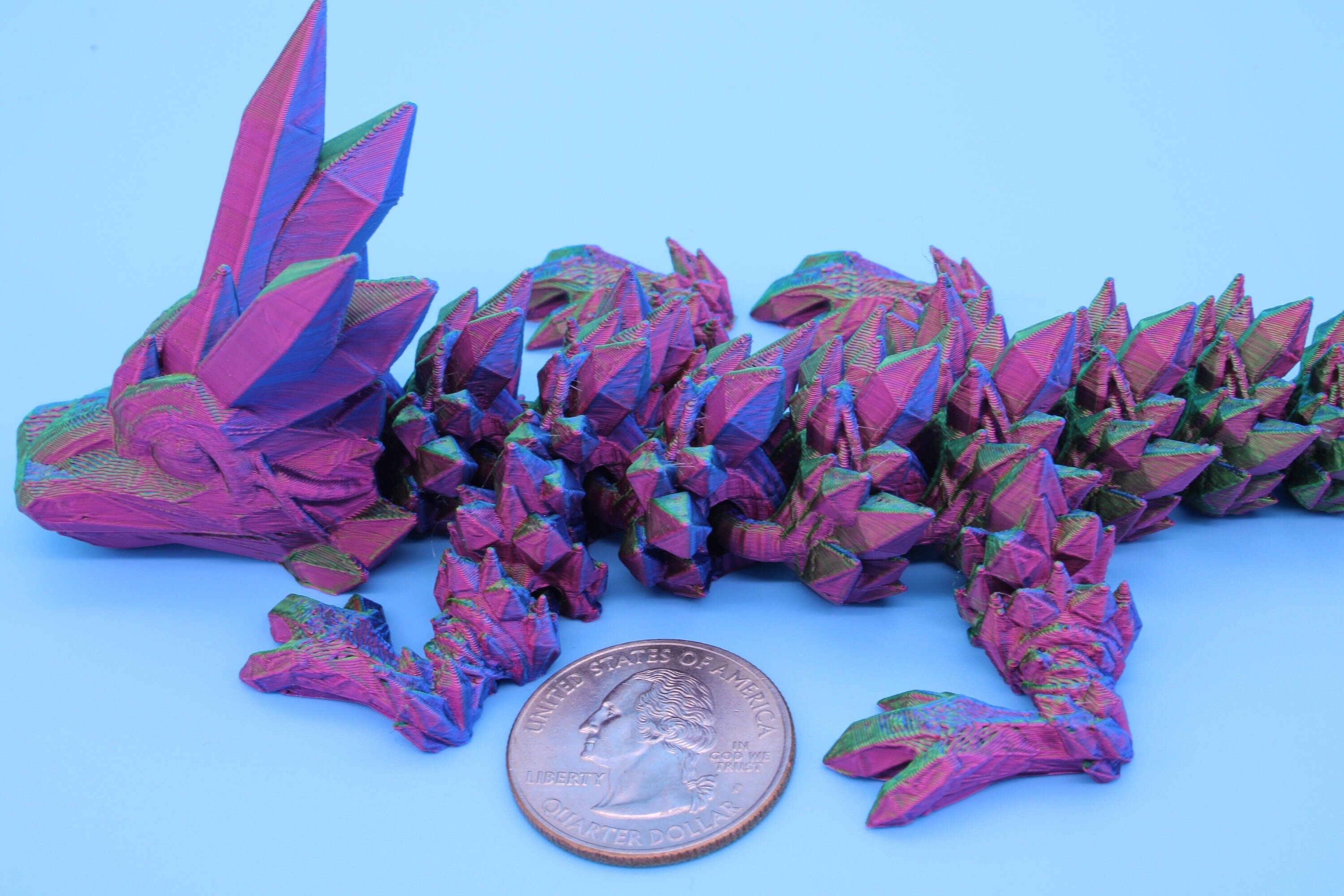 Miniature Baby Multi Color Crystal Dragon | 3D printed articulating dragon Fidget | Flexi Toy 7 in. head to tail | Stress Relief Gift