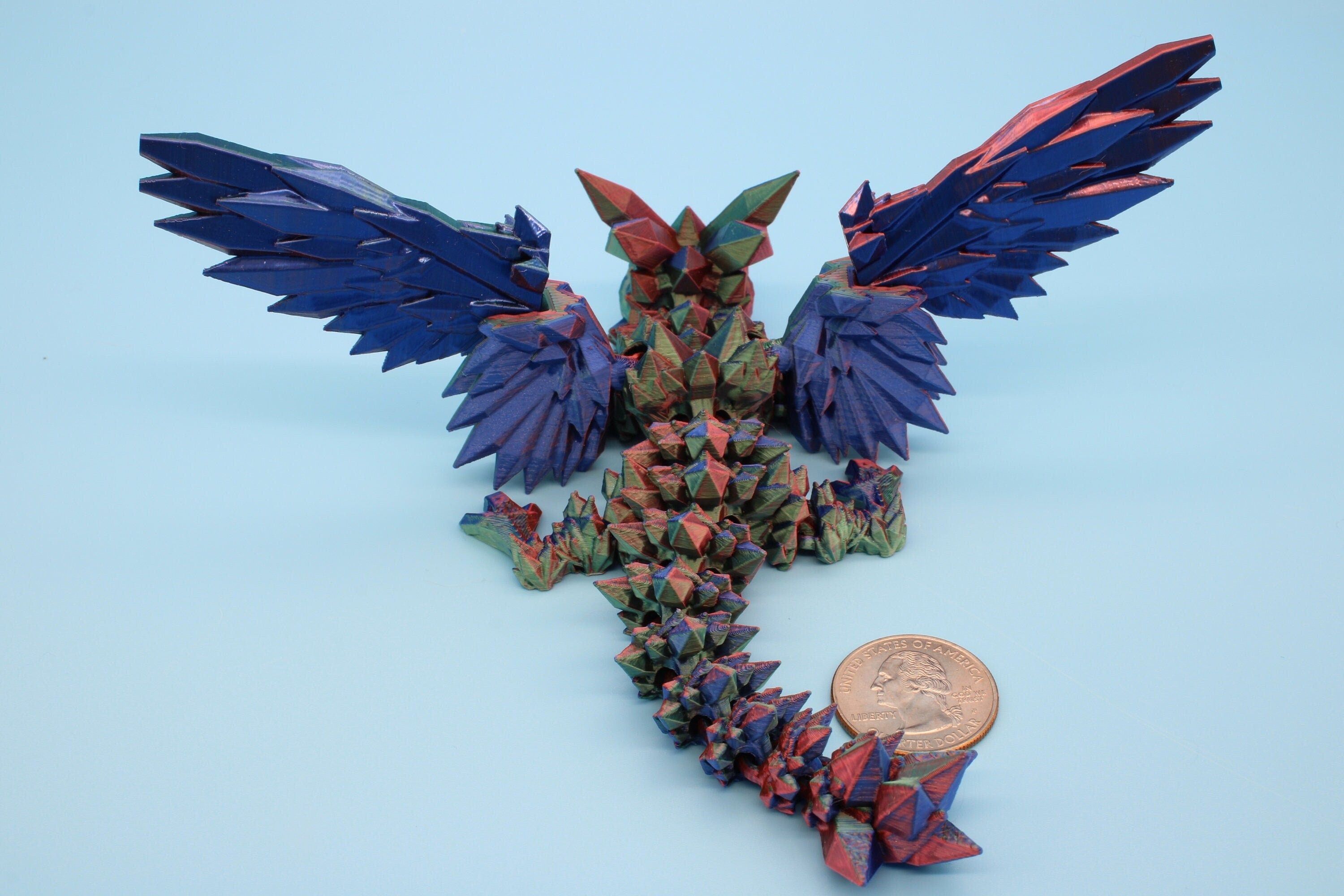 Miniature Tri Color Crystal Winged Dragon | 3D printed articulating dragon Fidget | Flexi Toy 7 in. head to tail | Stress Relief Gift