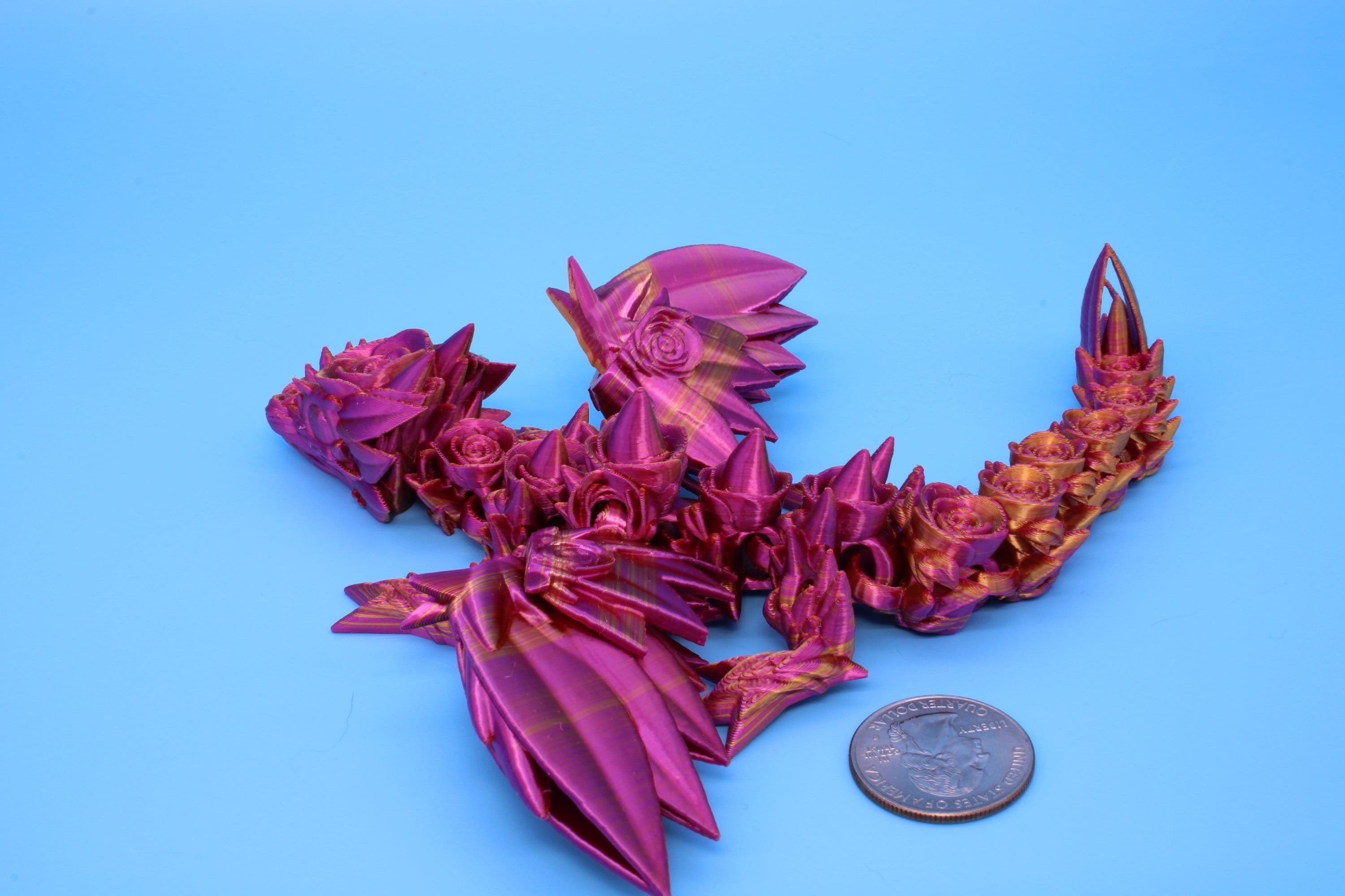 Miniature Baby Rose Wing Dragon | Pink & Gold | 3D printed articulating Toy Fidget | Flexi Toy 8.5 in. head to tail | Stress Relief Gift