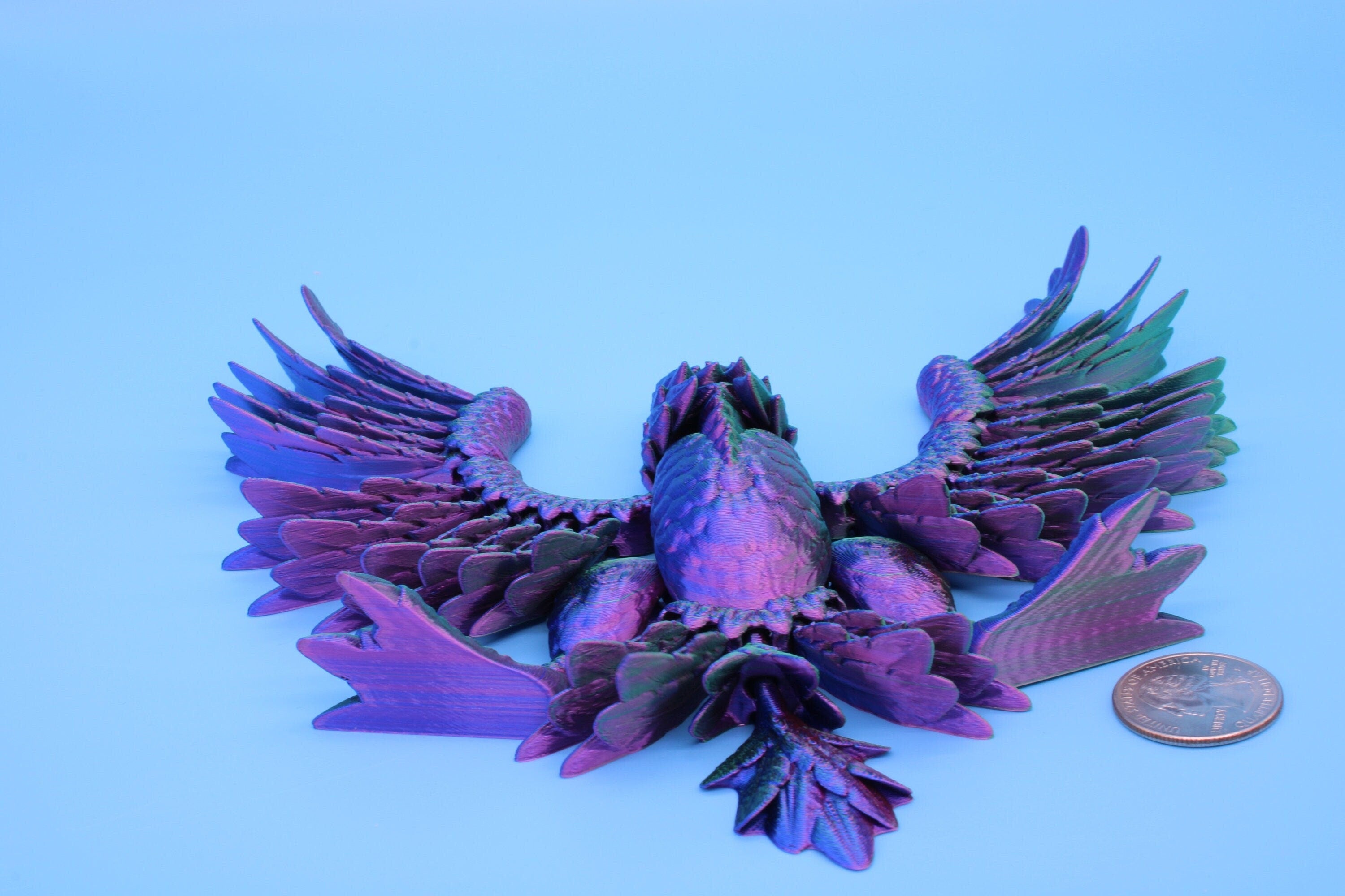 Cute Flexi Multi Color Phoenix. Unique 3D printed. Great Articulating fidget toy, desk, sensory toy. 4 inch Blue, Red, Teal, Green.