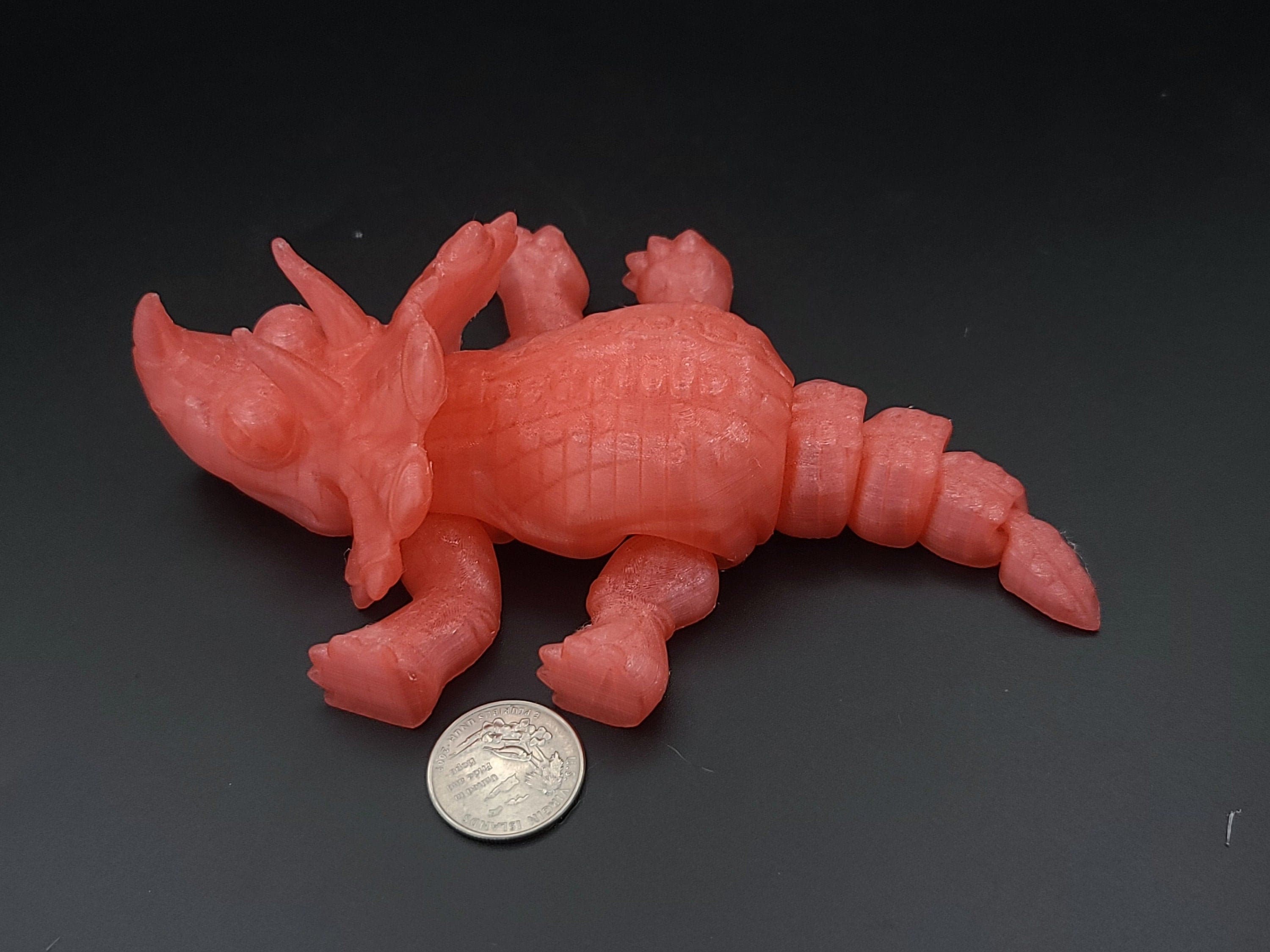 Cute Flexi Watermelon Red Translucent Triceratops. Unique 3D printed Triceratops. Great Articulating fidget toy, desk, sensory toy. 6.5 inch