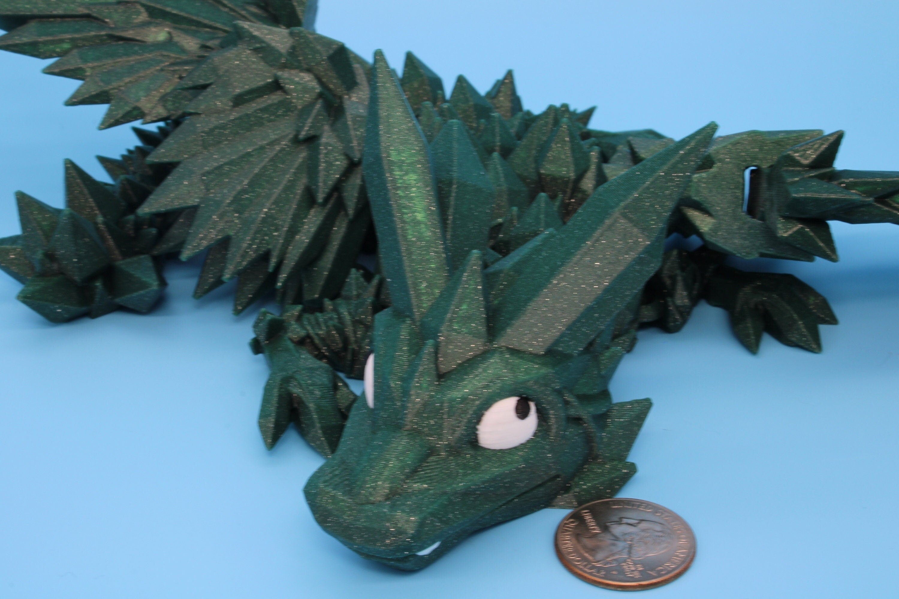 Green Sparkle Baby Crystal Winged Dragon | 3D printed articulating | Fidget Toy | Flexi Toy | 11.5 in. | Stress Relief | Dragon Gift.