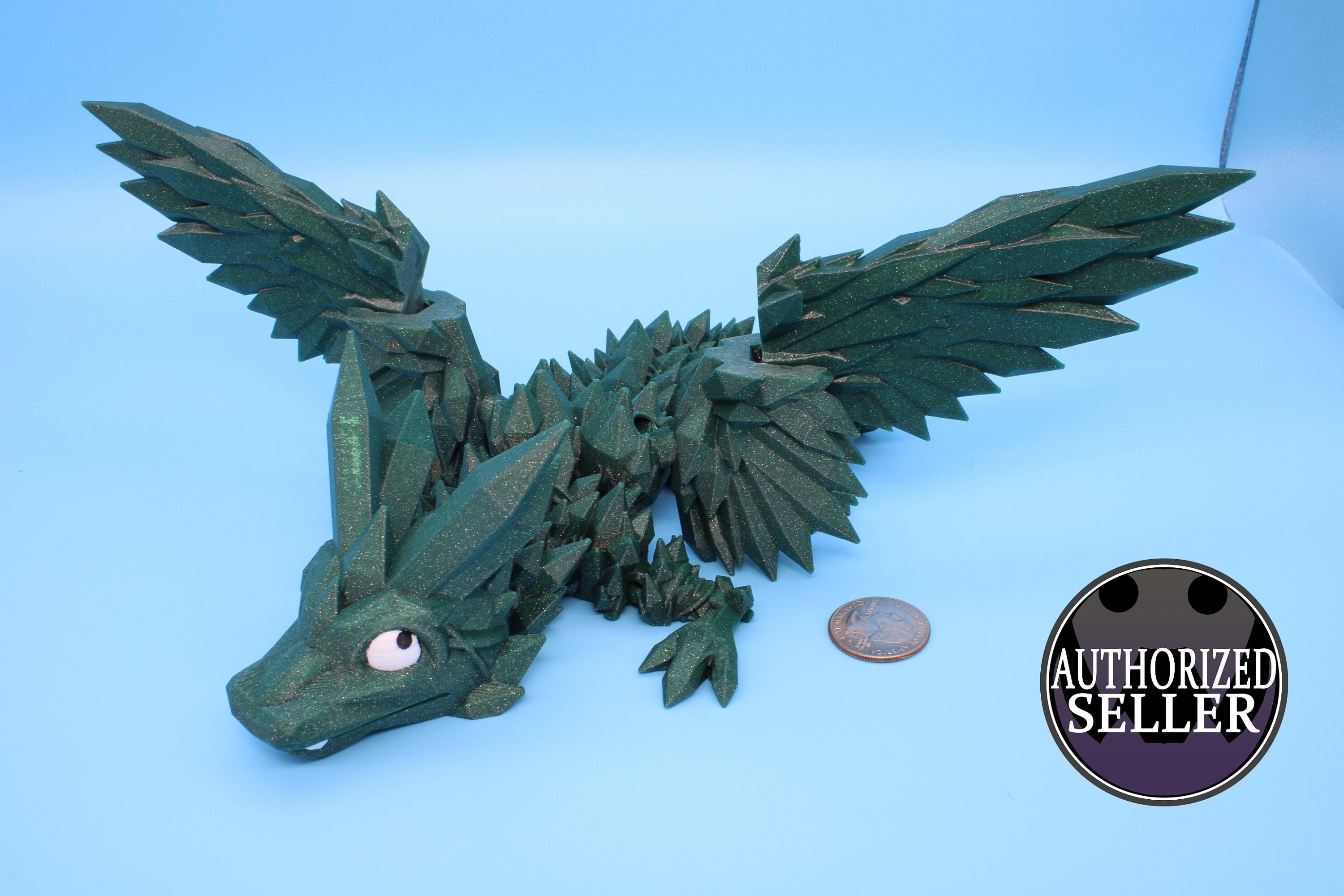 Green Sparkle Baby Crystal Winged Dragon | 3D printed articulating | Fidget Toy | Flexi Toy | 11.5 in. | Stress Relief | Dragon Gift.