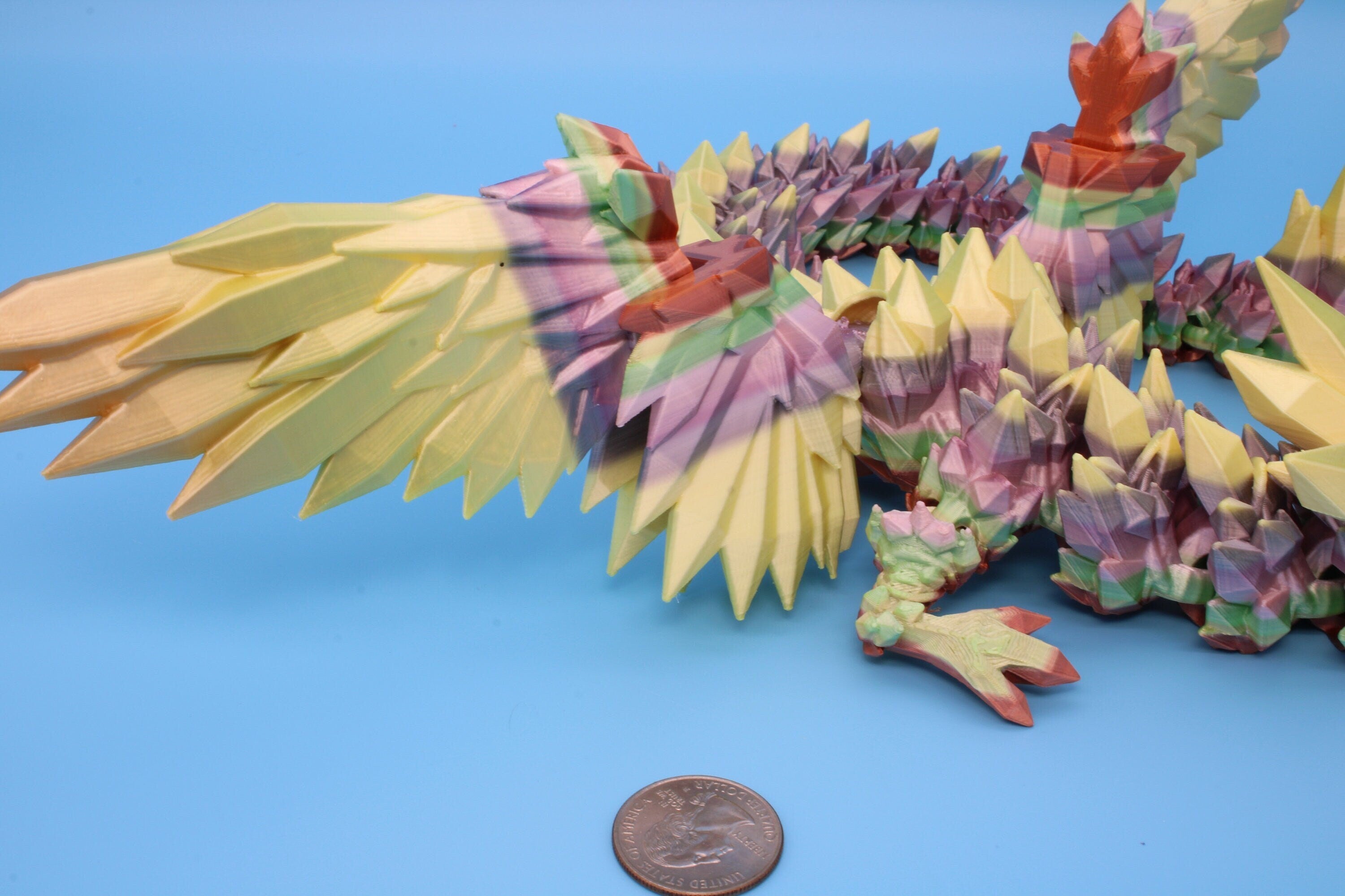 Flawed Rainbow Crystal Winged Dragon. Crystal Wing Dragon 3D printed articulating dragon. flexi Toy, 18 in. Stress Relief, Gift.