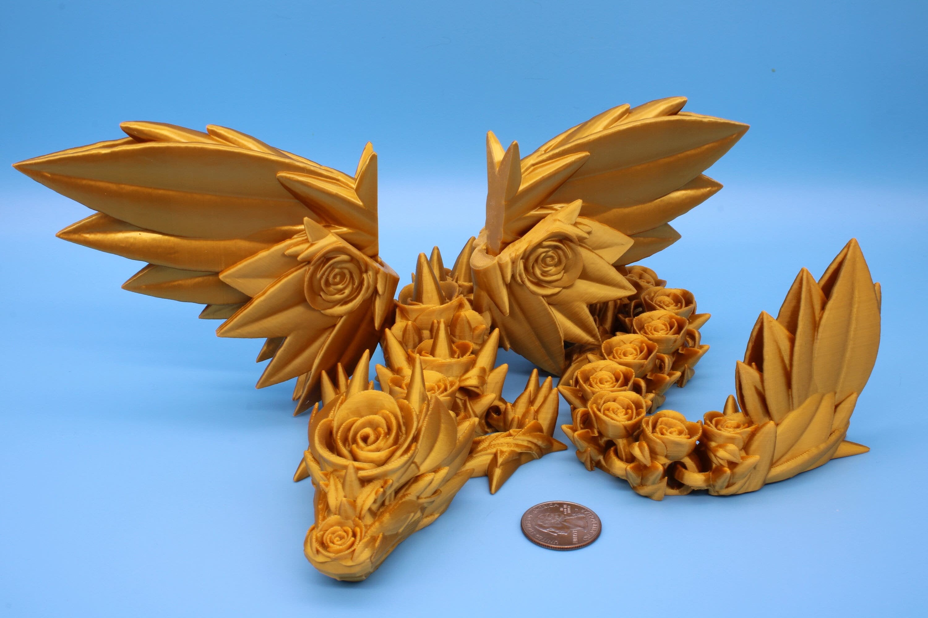 Gold Rose Wing Articulating Dragon | 3D Printed Fidget | Flexi Toy | Adult Fidget Toy | Sensory Desk Toy | 19 in. | Valentines Day