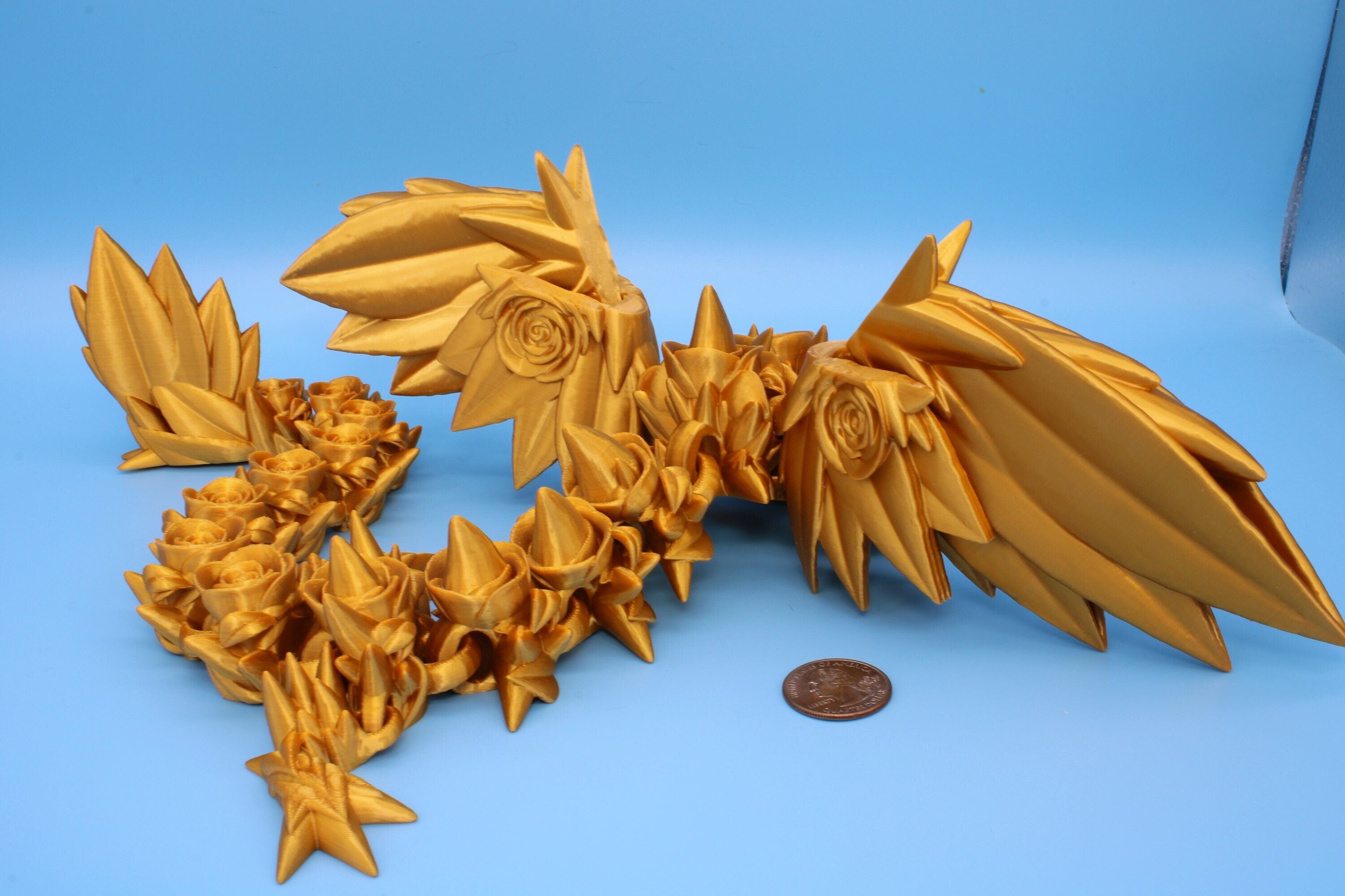 Gold Rose Wing Articulating Dragon | 3D Printed Fidget | Flexi Toy | Adult Fidget Toy | Sensory Desk Toy | 19 in. | Valentines Day