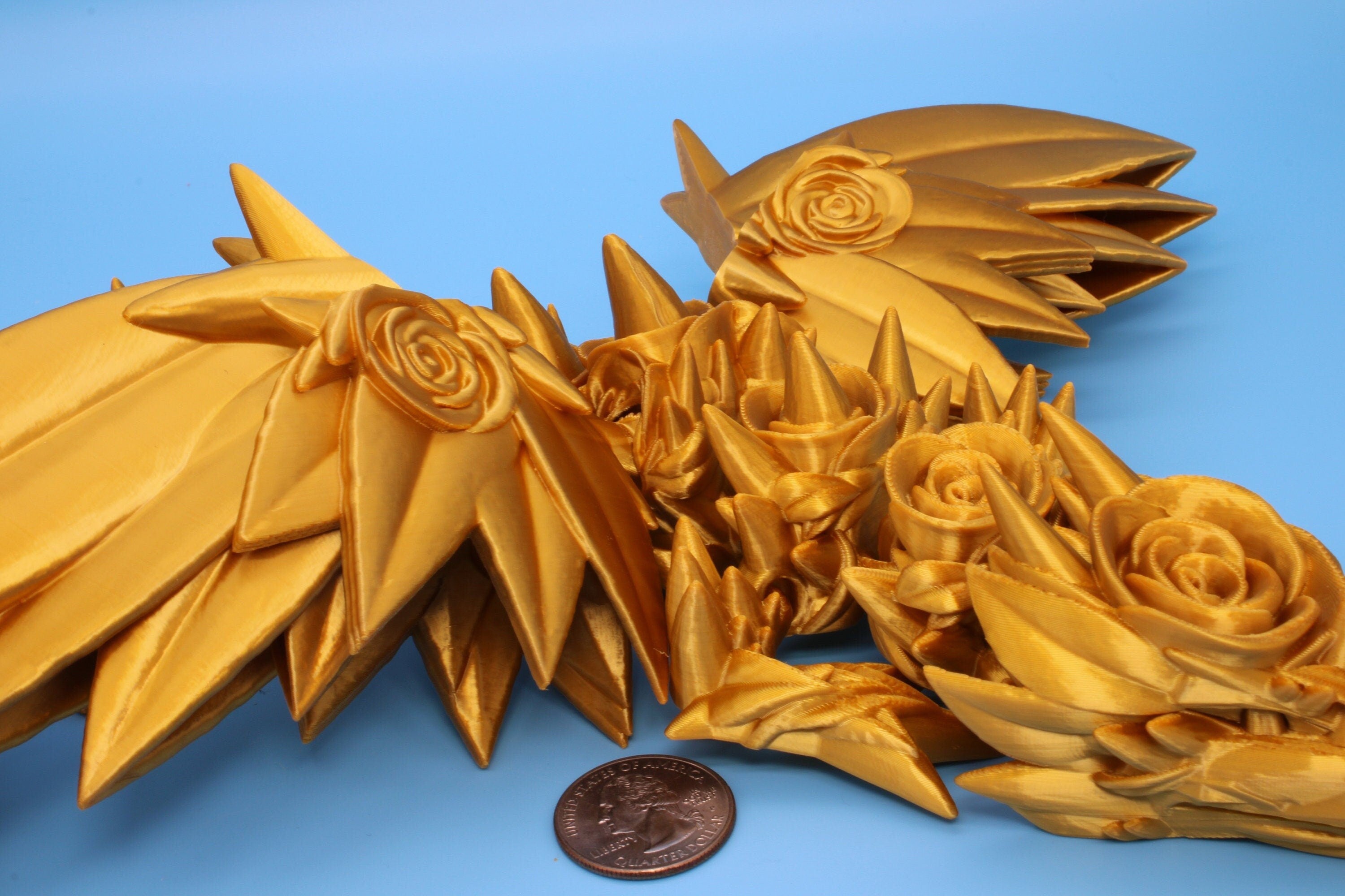 Gold Rose Wing Articulating Dragon | 3D Printed Fidget | Flexi Toy | Adult Fidget Toy | Sensory Desk Toy | 19 in. | Valentines Day