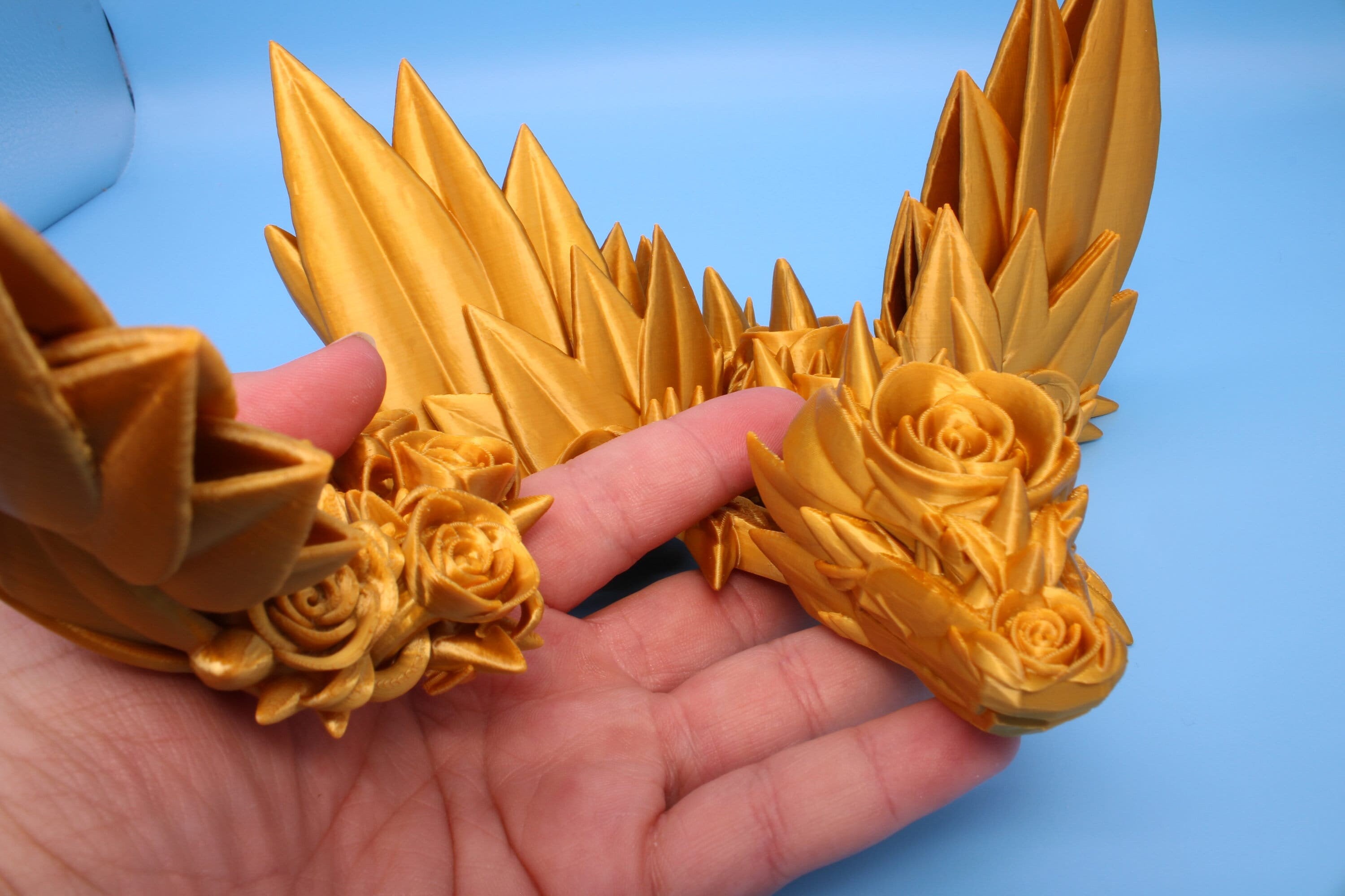 Gold Rose Wing Articulating Dragon | 3D Printed Fidget | Flexi Toy | Adult Fidget Toy | Sensory Desk Toy | 19 in. | Valentines Day