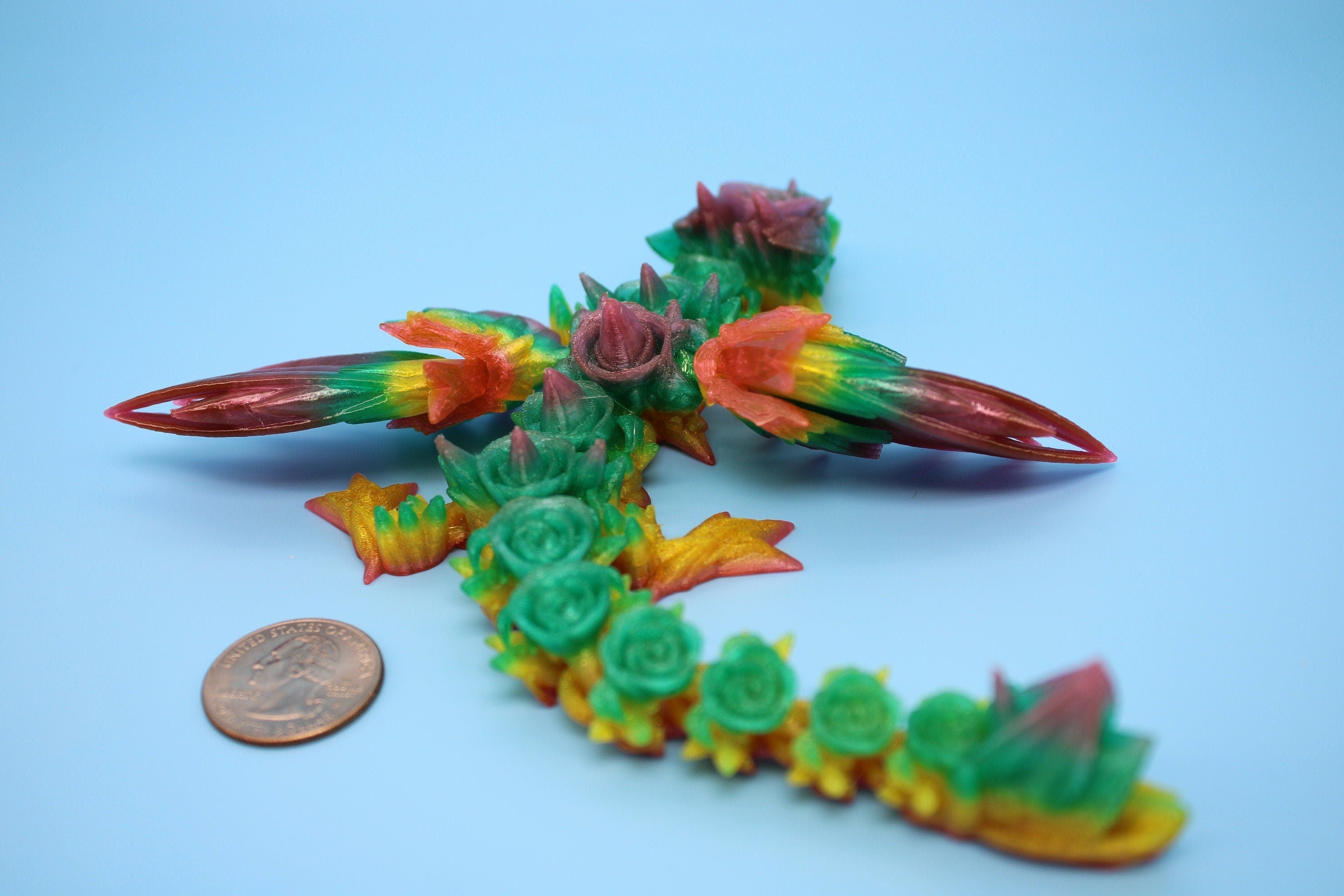 Flexible Miniature Baby Rose Wing Dragon | Rainbow | 3D printed articulating Toy Fidget | Flexi Toy 8.5 in. head to tail | Stress Relief.