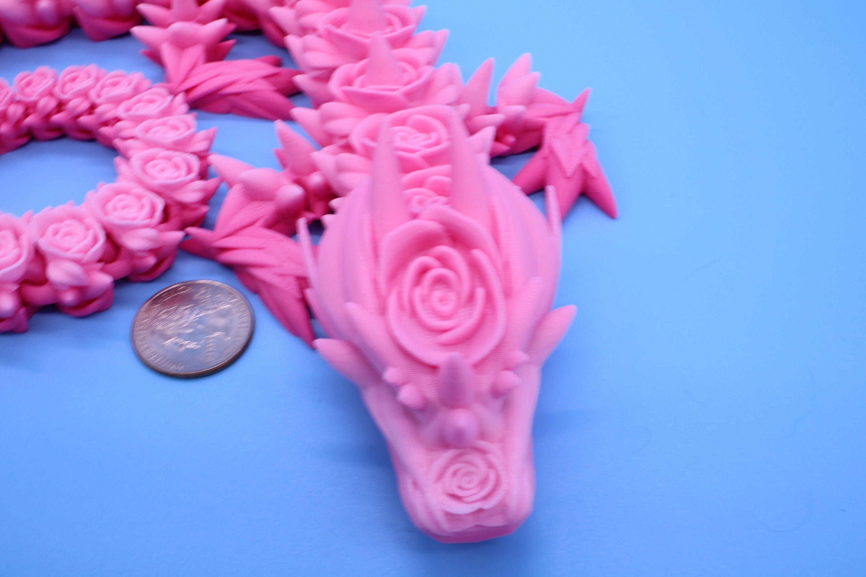 Pink Rose Articulating Dragon | 3D Printed Fidget, Flexi Toy, Adult Fidget Toy, Sensory Toy Dragon, 3d Printed Desk Toys. 21 in. Valentines