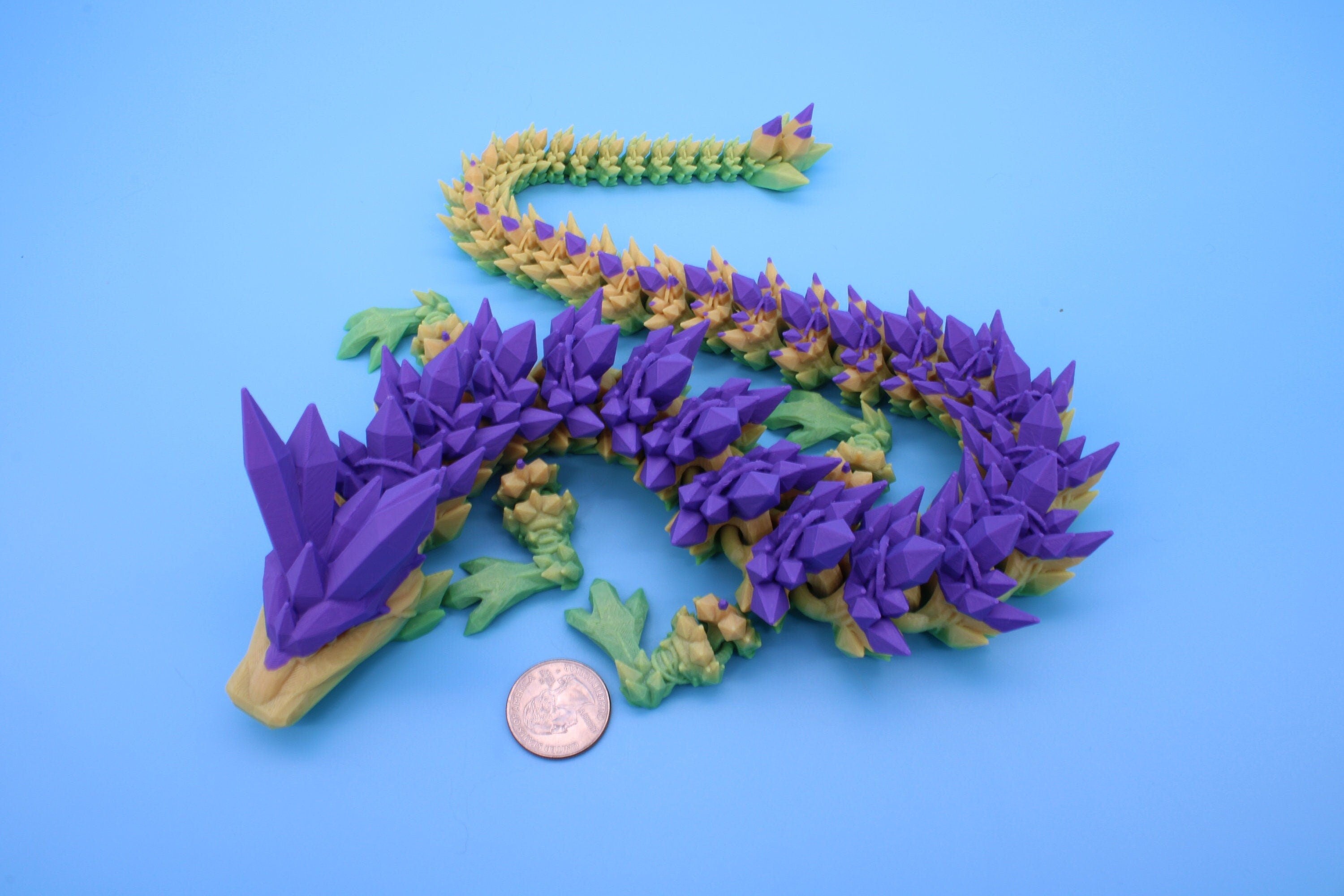 Purple, Yellow, Green Crystal Dragon | 3D Printed Articulating Dragon | Flexi Toy | Adult Fidget Toy | Dragon Buddy ready for you! 24 inch.