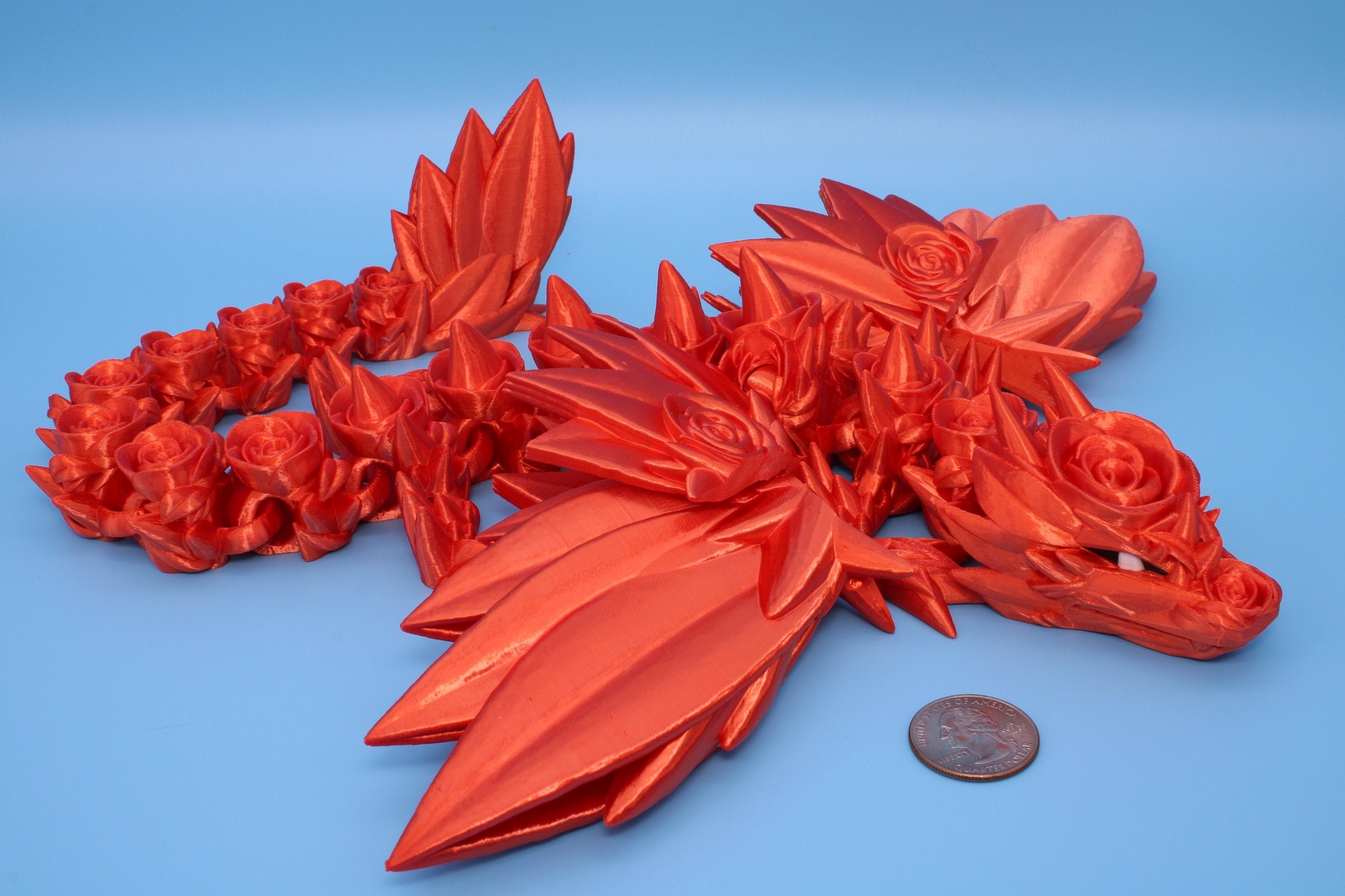 Orange Rose Wing Articulating Dragon | 3D Printed Fidget | Flexi Toy | Adult Fidget Toy | Sensory Desk Toy | 19 in. | Valentines Day