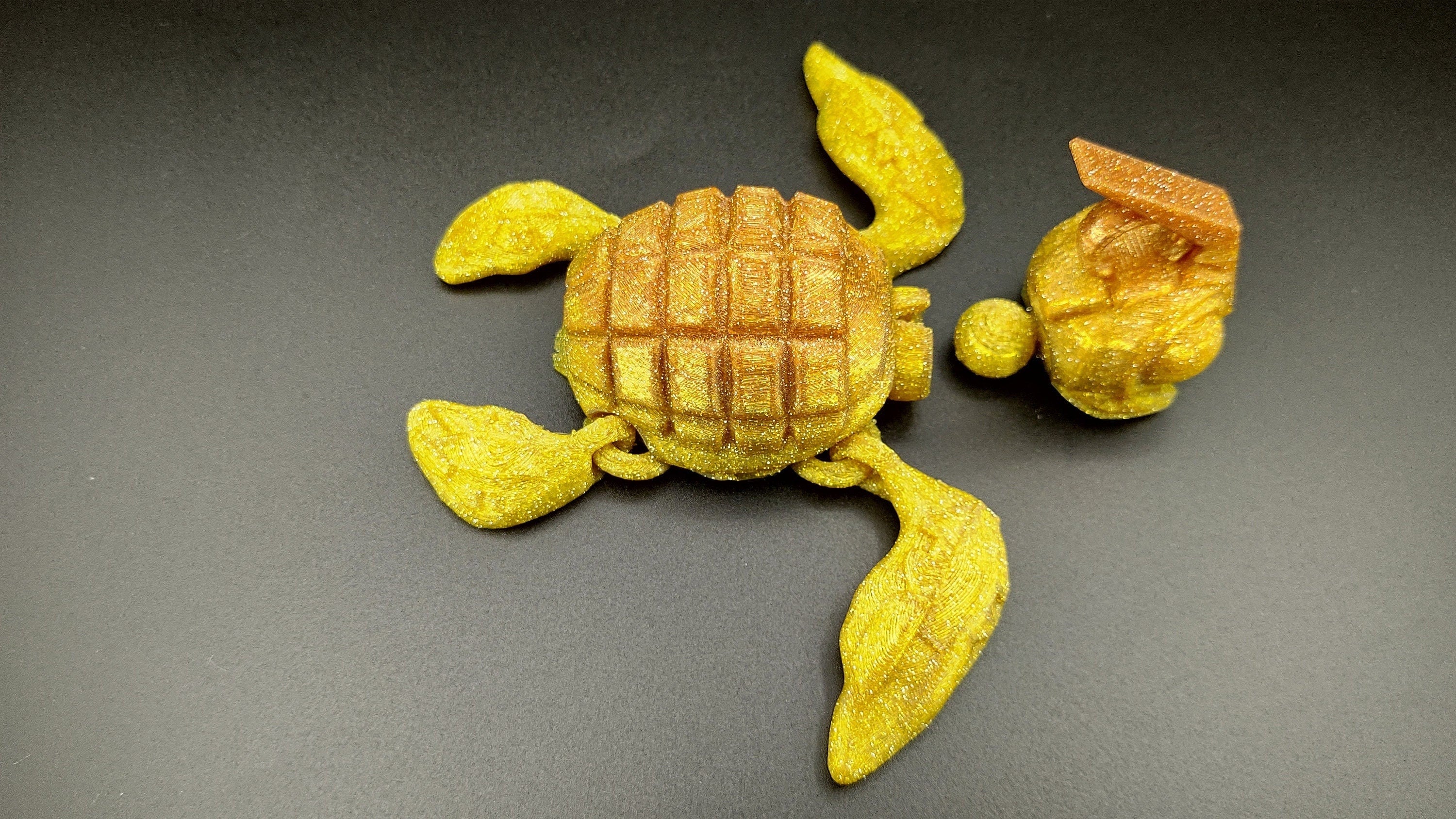 Yellow Gold mini orange color on top Grenade Turtle (Grenurtle) Detachable head. 3D printed