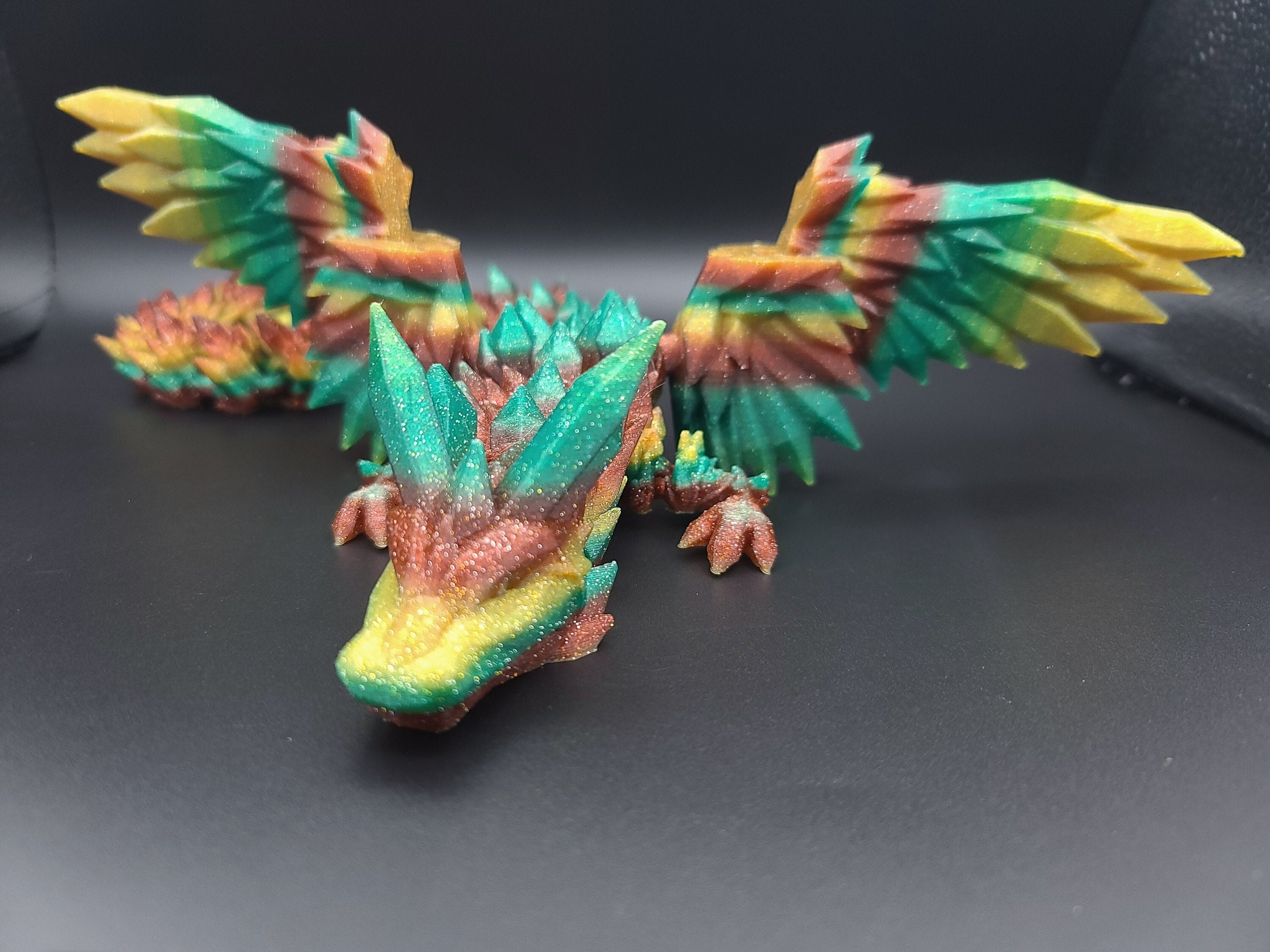 3D Printed Articulated Lunar Dragon, Rainbow Moon Dragon, Feather