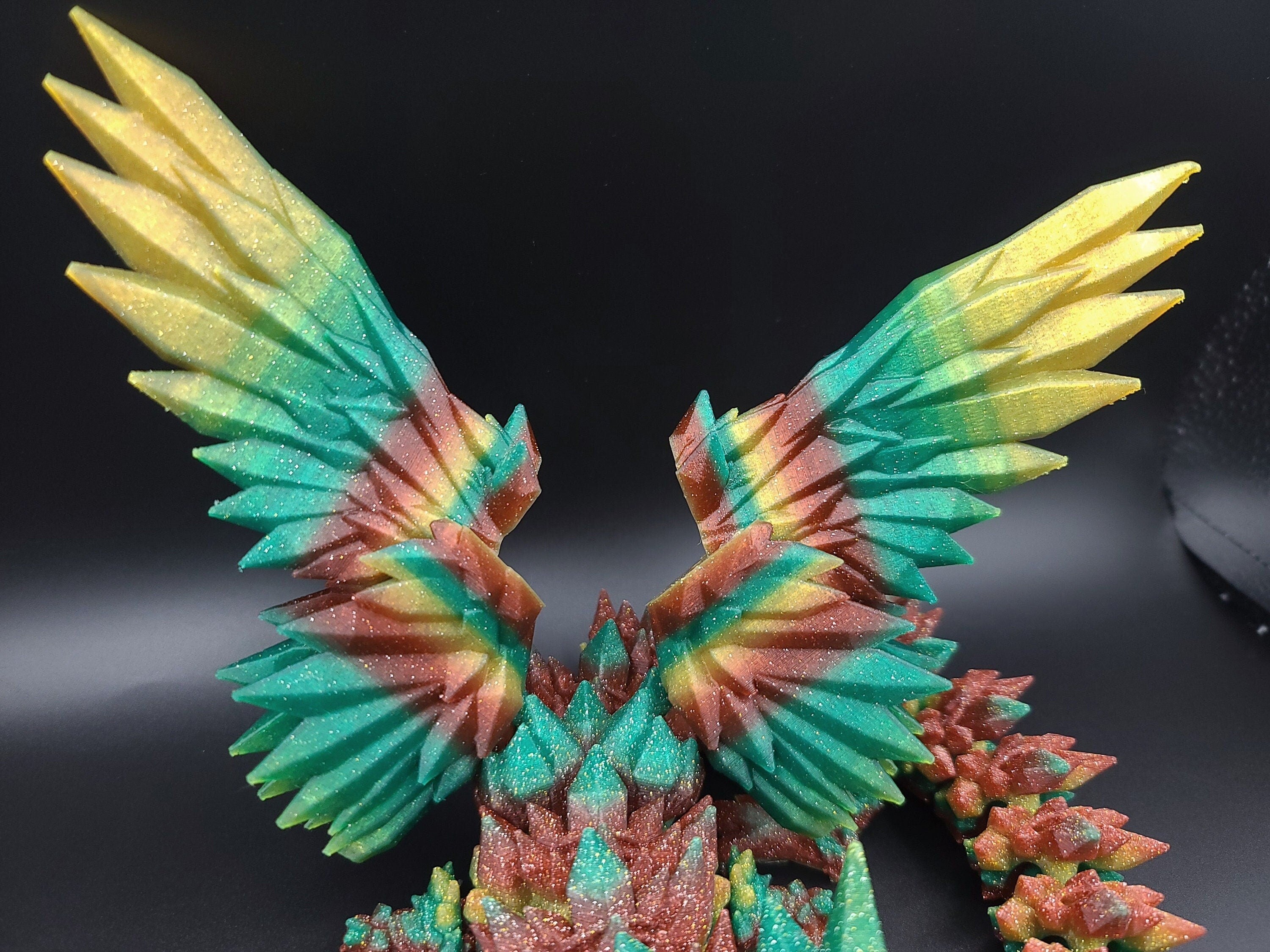 Rainbow Sparkle Crystal Winged Dragon. Crystal Wing Dragon 3D printed articulating dragon. flexi Toy, 18 in. Stress Relief, Gift.