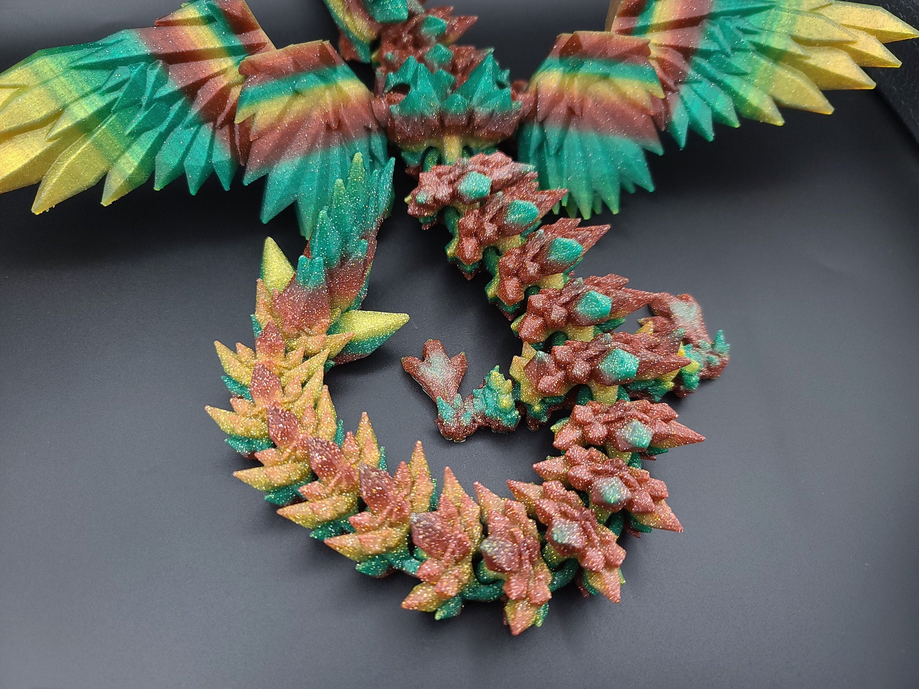 Rainbow Sparkle Crystal Winged Dragon. Crystal Wing Dragon 3D printed articulating dragon. flexi Toy, 18 in. Stress Relief, Gift.