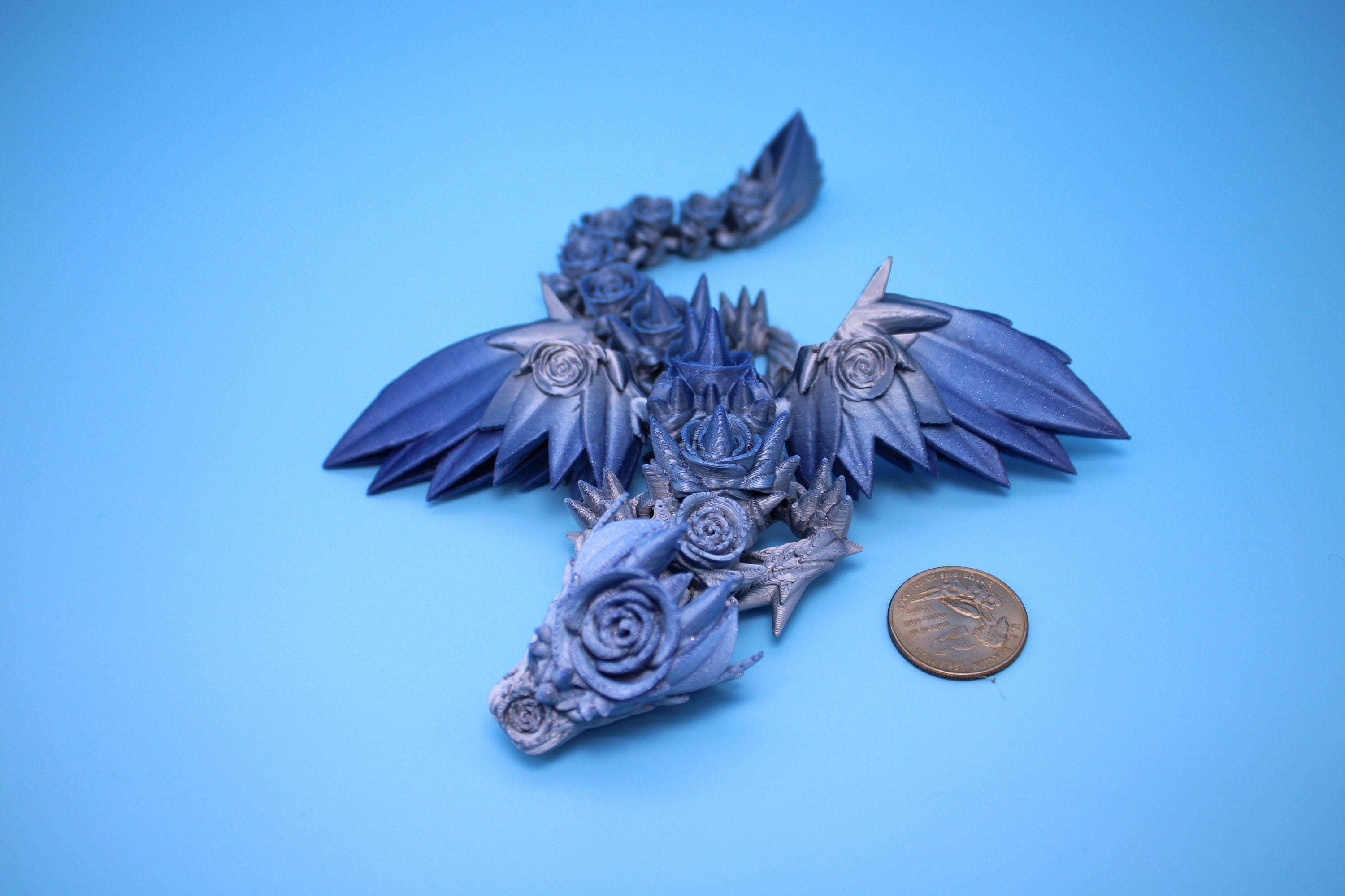 Miniature Baby Rose Wing Dragon | Blue / Silver | 3D printed articulating Toy Fidget | Flexi Toy 8.5 in. head to tail | Stress Relief Gift