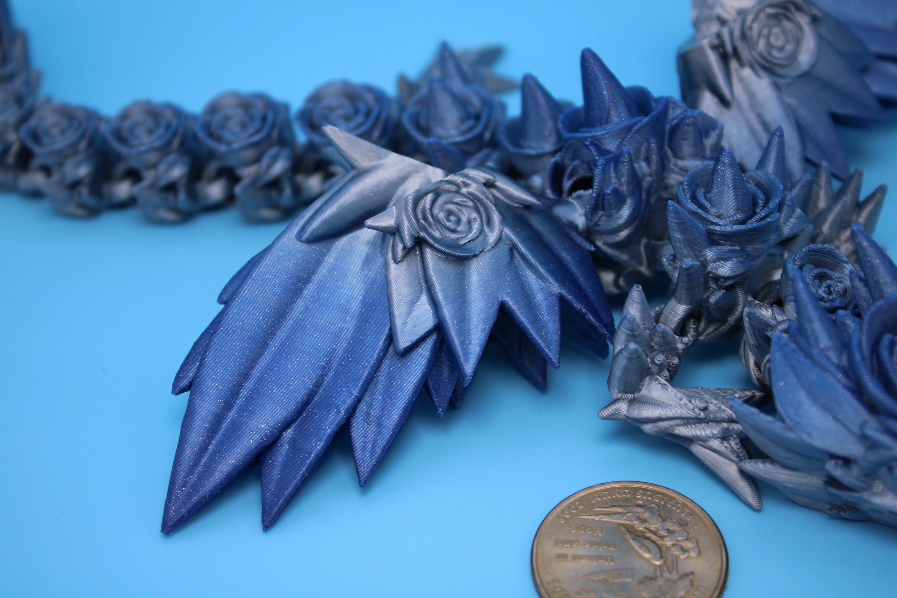 Miniature Baby Rose Wing Dragon | Blue / Silver | 3D printed articulating Toy Fidget | Flexi Toy 8.5 in. head to tail | Stress Relief Gift