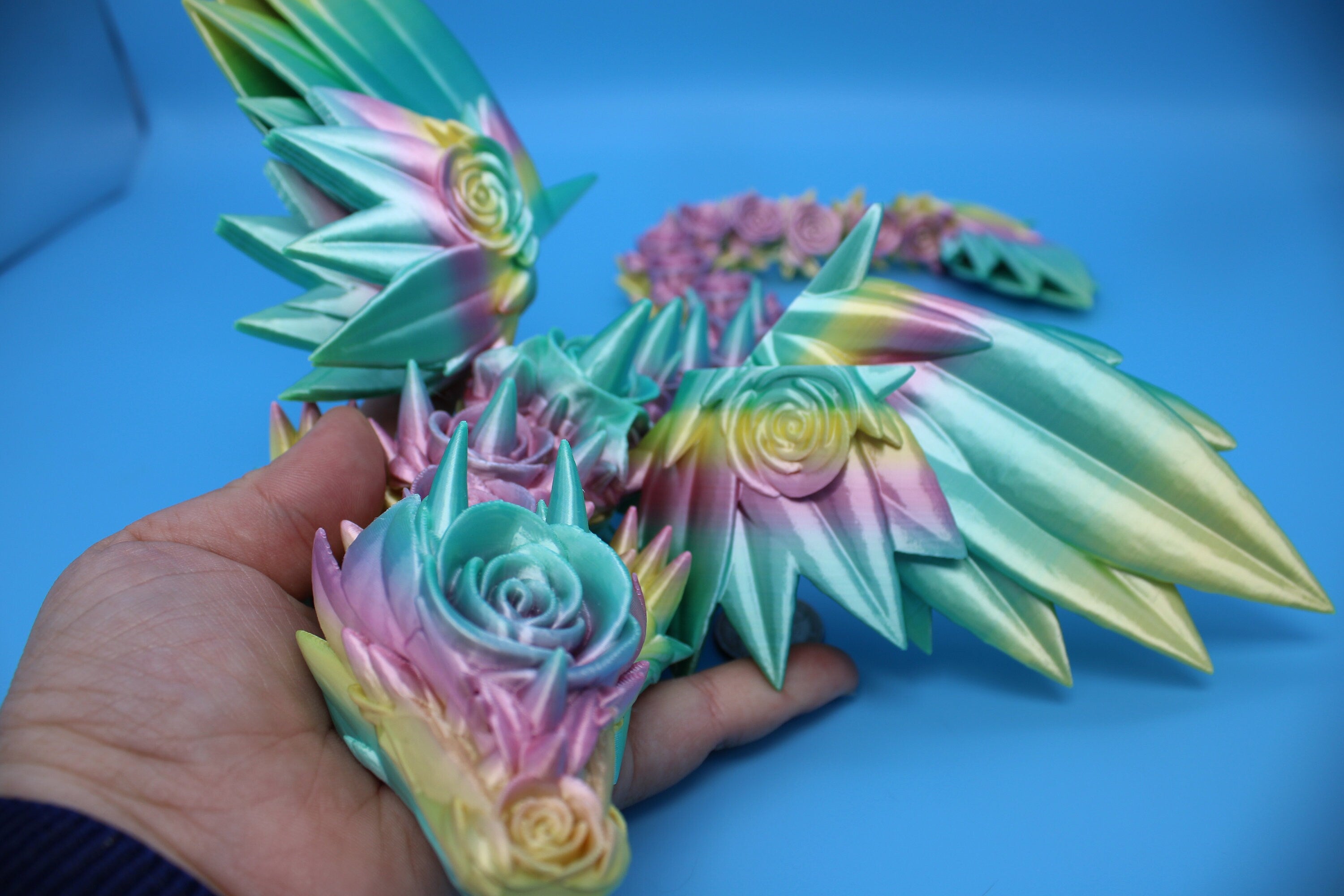 Rose Wing Dragon- Rainbow | Articulating Dragon | 3D Printed Fidget | 19 in.