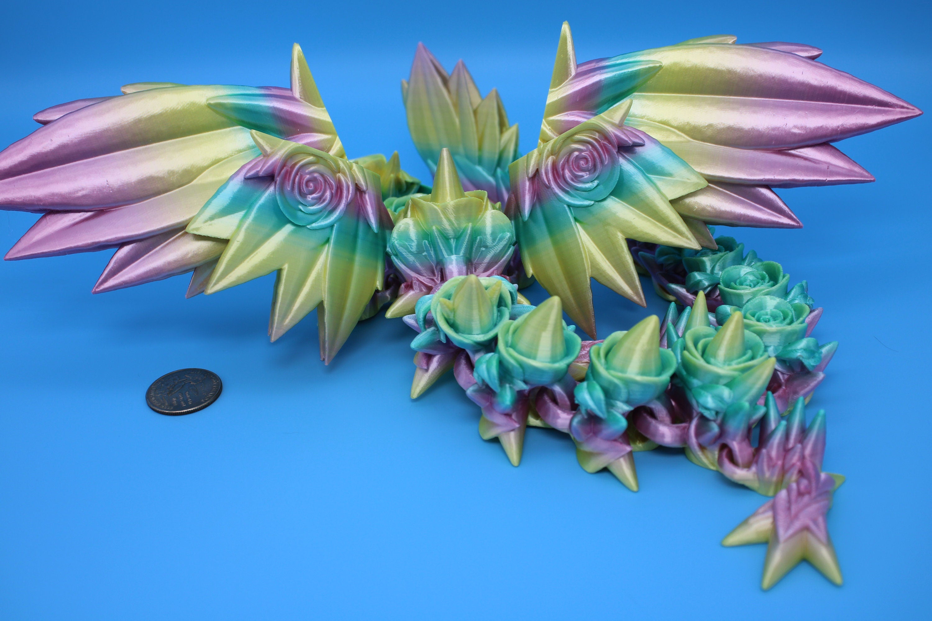 Rose Wing Dragon- Rainbow | Flawed | Articulating Dragon | 3D Printed Fidget | 19 in.