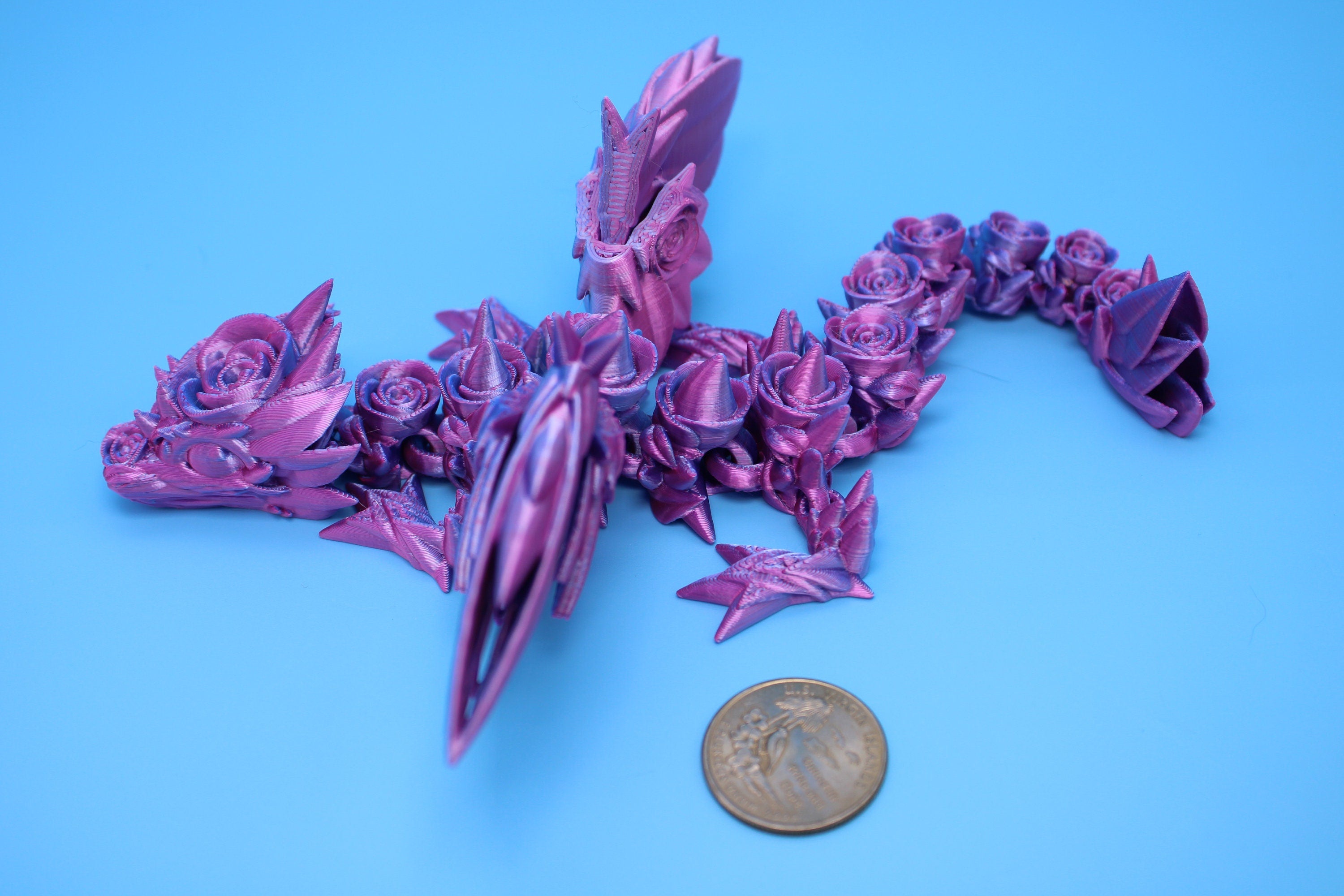 Baby Rose Wing Dragon | Blue / Pink | 3D Printed | Fidget | Flexi Toy 8.5 in. | Stress Relief Gift