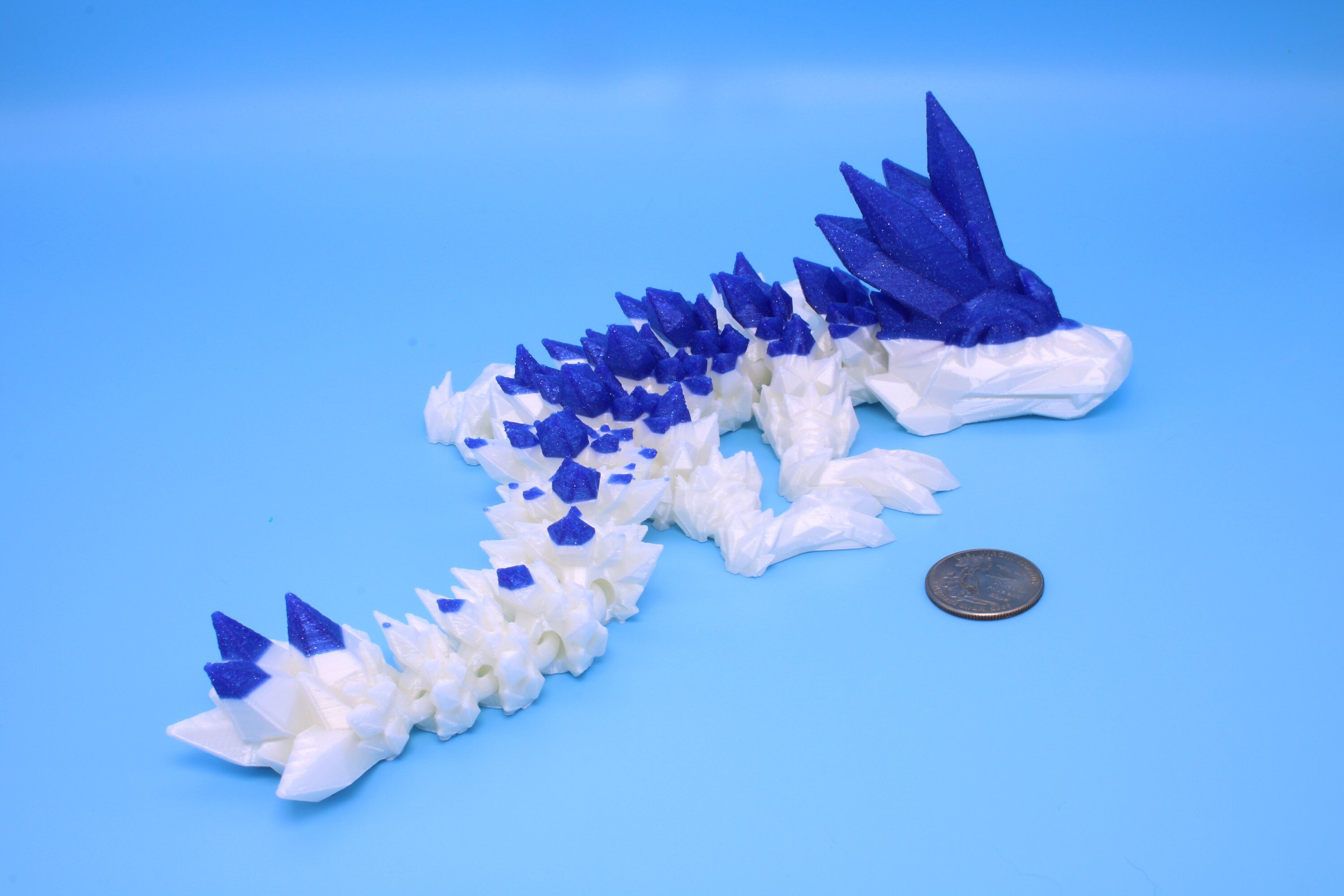 Baby Crystal Dragon- Blue & White | 3D Printed Dragon | Flexi Toy | Adult Fidget Toy | 11.5 inch.