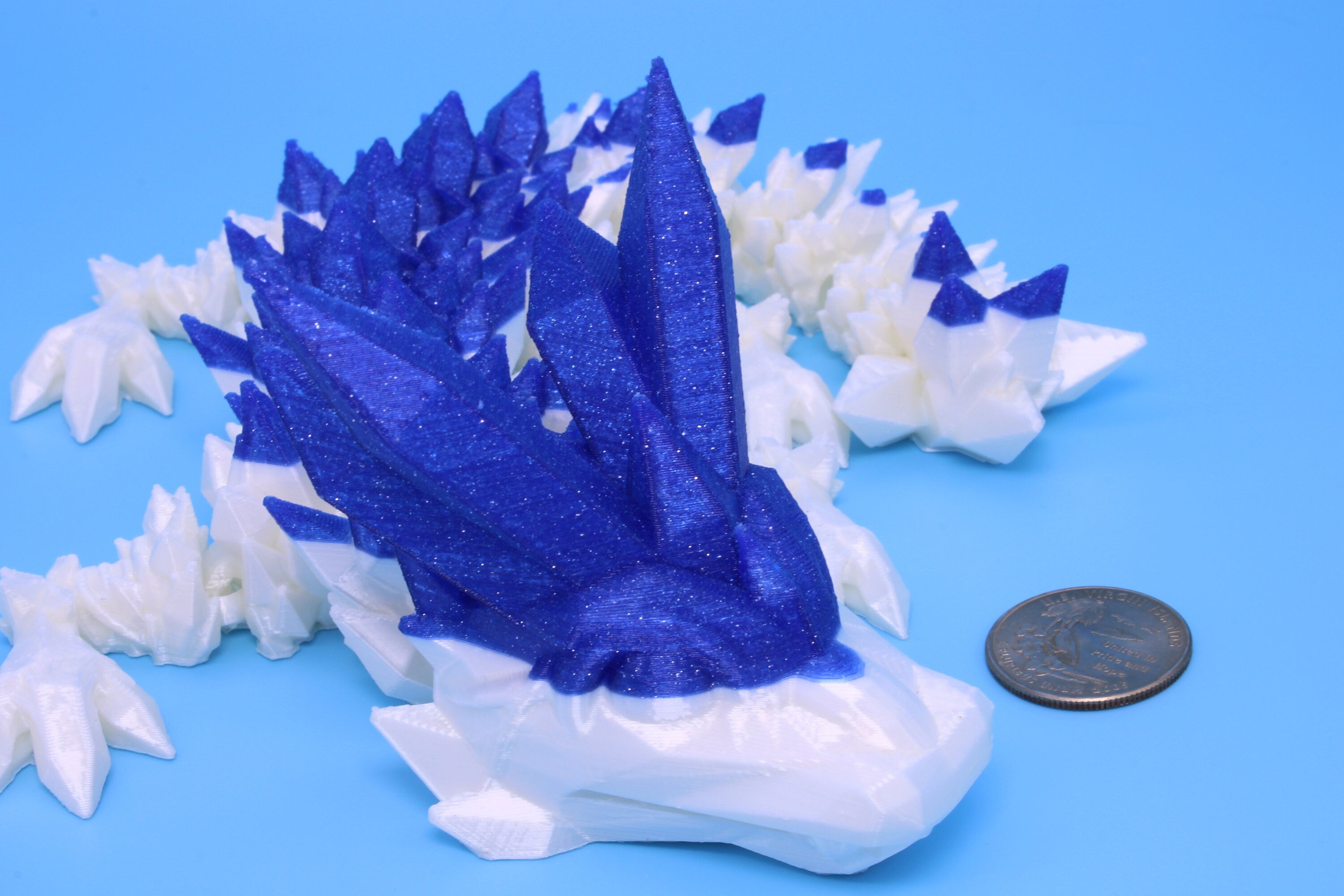Baby Crystal Dragon- Blue & White | 3D Printed Dragon | Flexi Toy | Adult Fidget Toy | 11.5 inch.