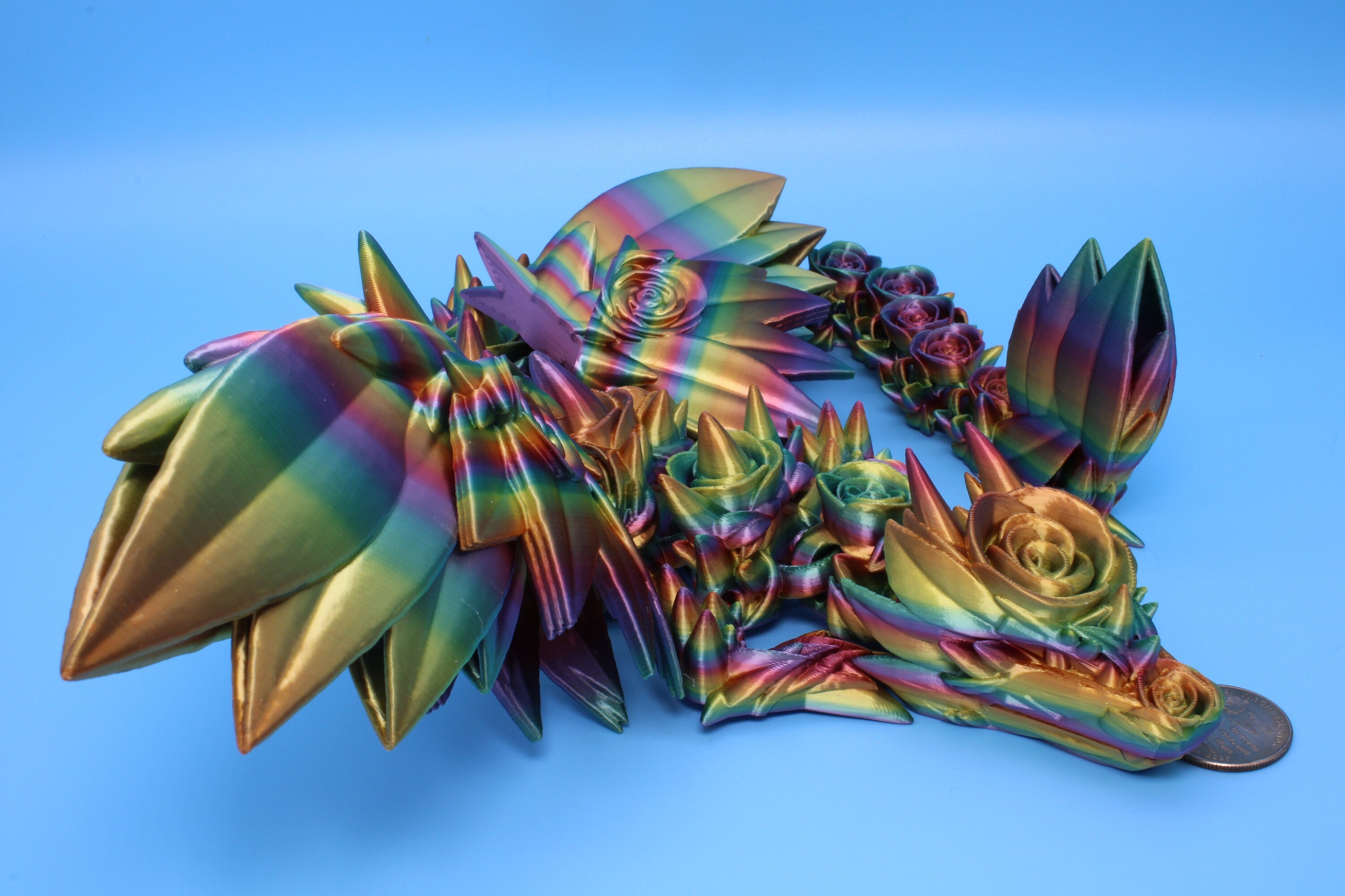 Rose Wing Dragon- Rainbow | Articulating Dragon | 3D Printed Fidget | 19 in.