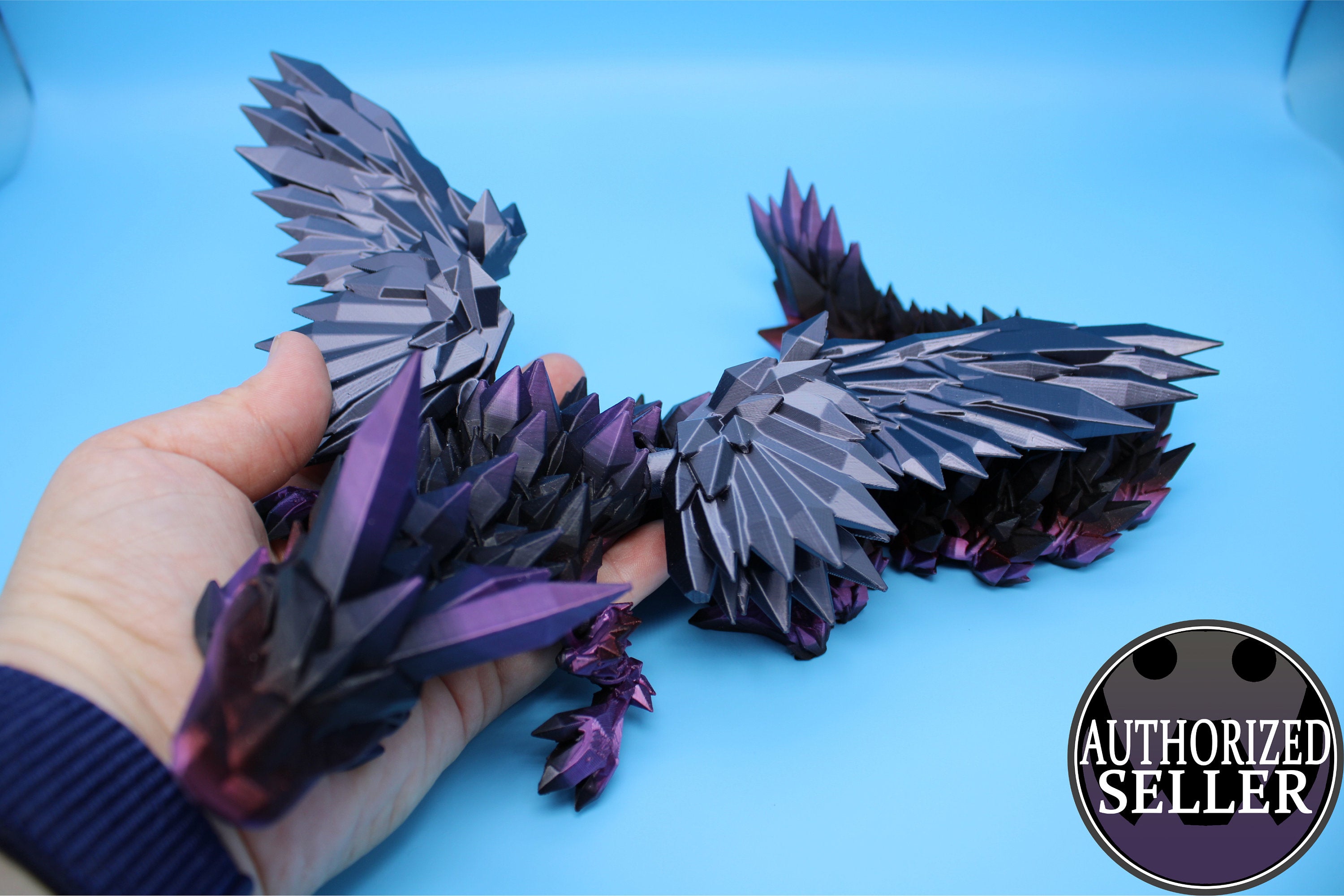 Crystal Wing Dragon- Dark Rainbow with Black Wings | 3D printed | 18 in. | Articulating Dragon | Flexi Toy.