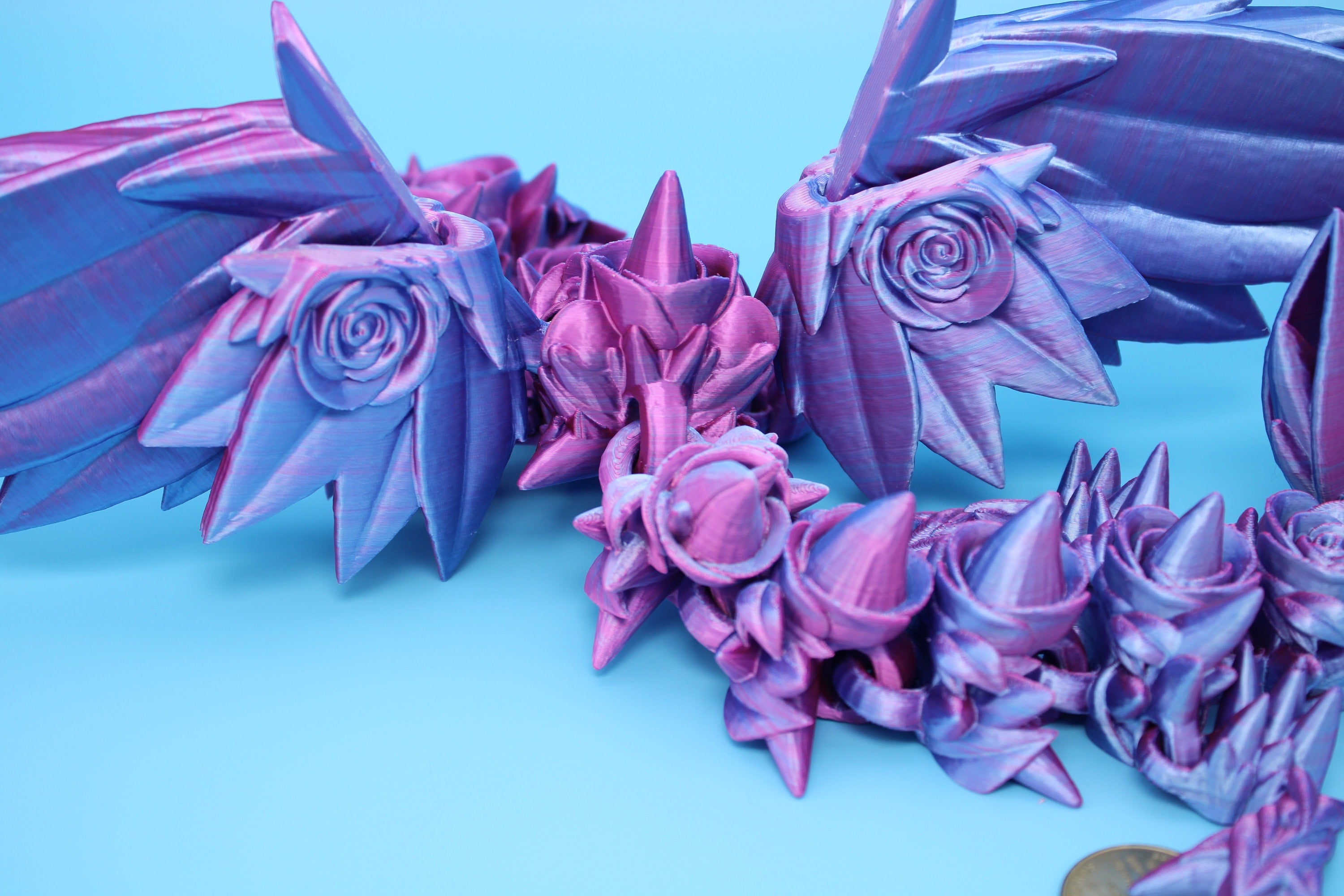 Rose Wing Dragon- Pink & Blue | Articulating Dragon | 3D Printed Fidget | 19 in.