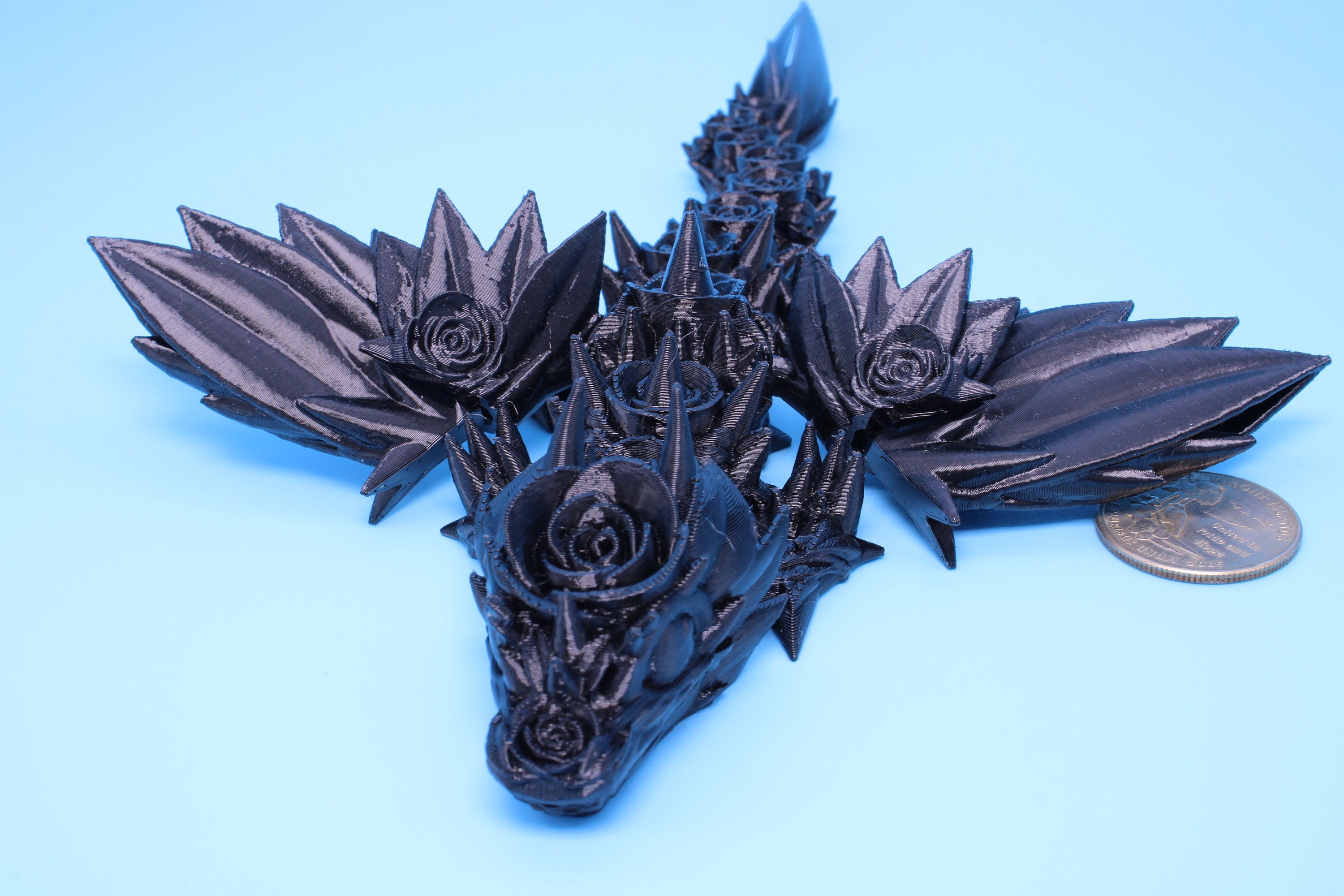 Baby Rose Wing Dragon | Black | 3D Printed | Fidget | Flexi Toy 8.5 in. | Stress Relief Gift