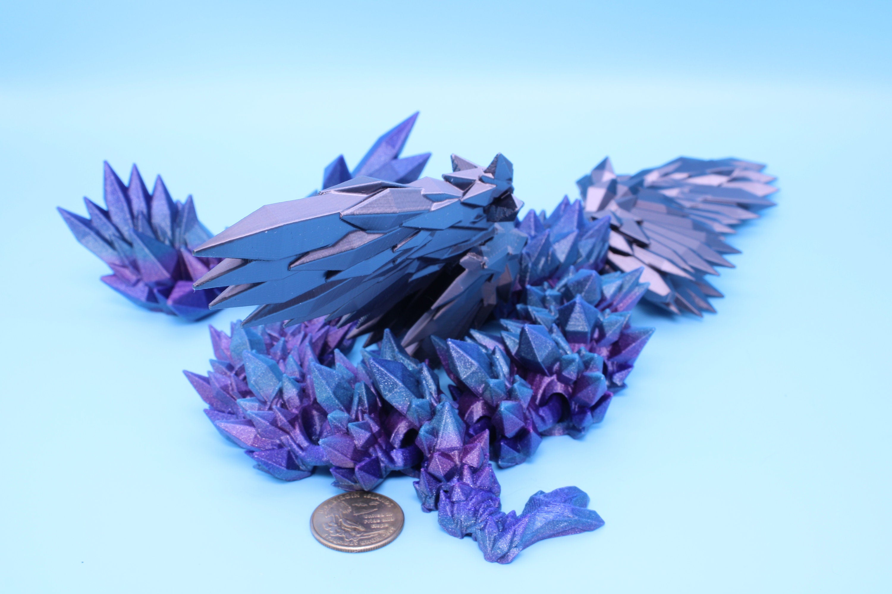 Crystal Wing Dragon- Blue / Purple Rainbow with Black Wings | 3D printed | 18 in. | Articulating Dragon | Flexi Toy.