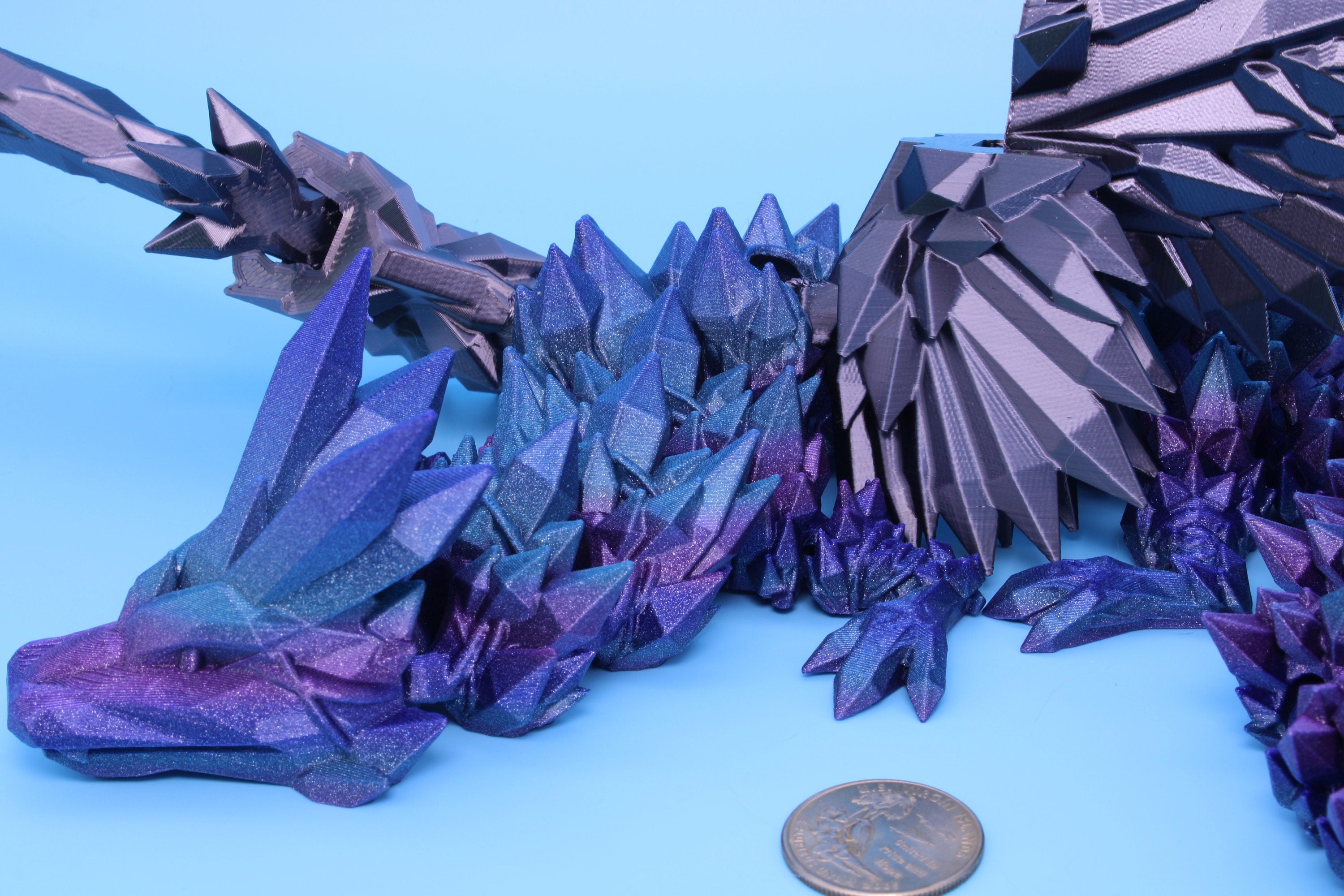 Crystal Wing Dragon- Blue / Purple Rainbow with Black Wings | 3D printed | 18 in. | Articulating Dragon | Flexi Toy.