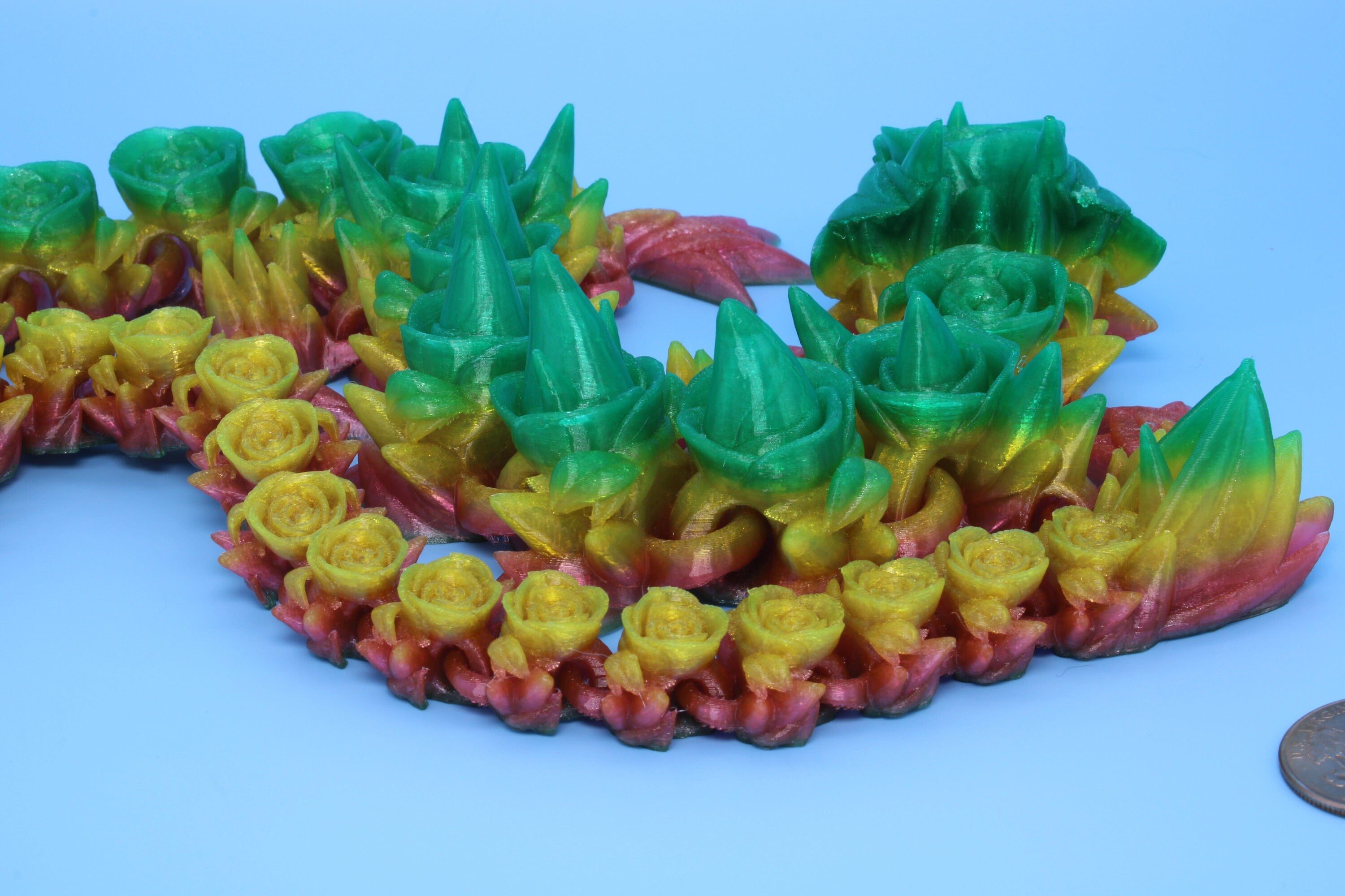 Rose Dragon- Green & Yellow | 3D Printed TPU | Fidget, Sensory Toy Dragon, Desk Toys. 29 in.