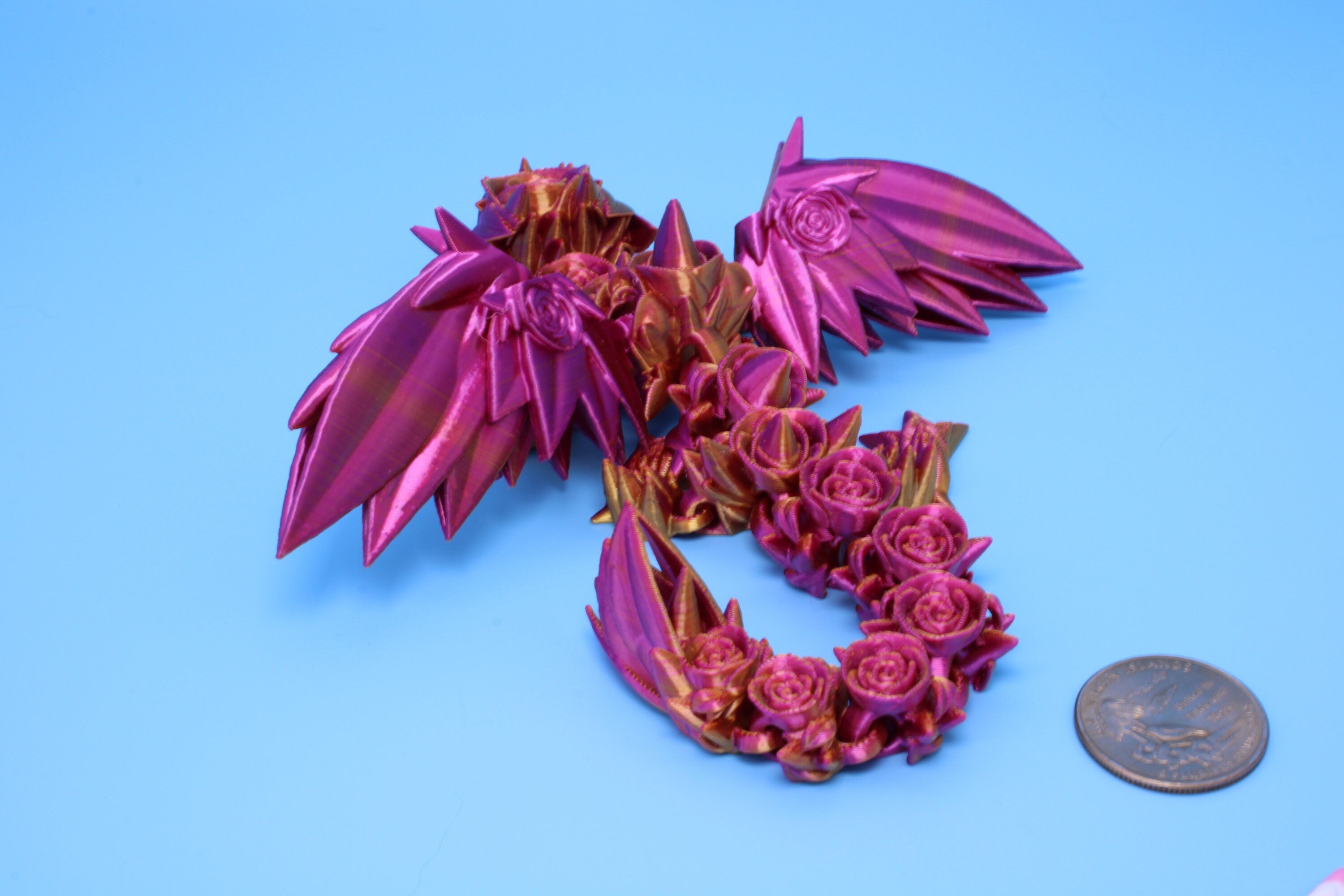 Baby Rose Wing Dragon | Pink & Gold | 3D Printed | Fidget | Flexi Toy 8.5 in. | Stress Relief Gift