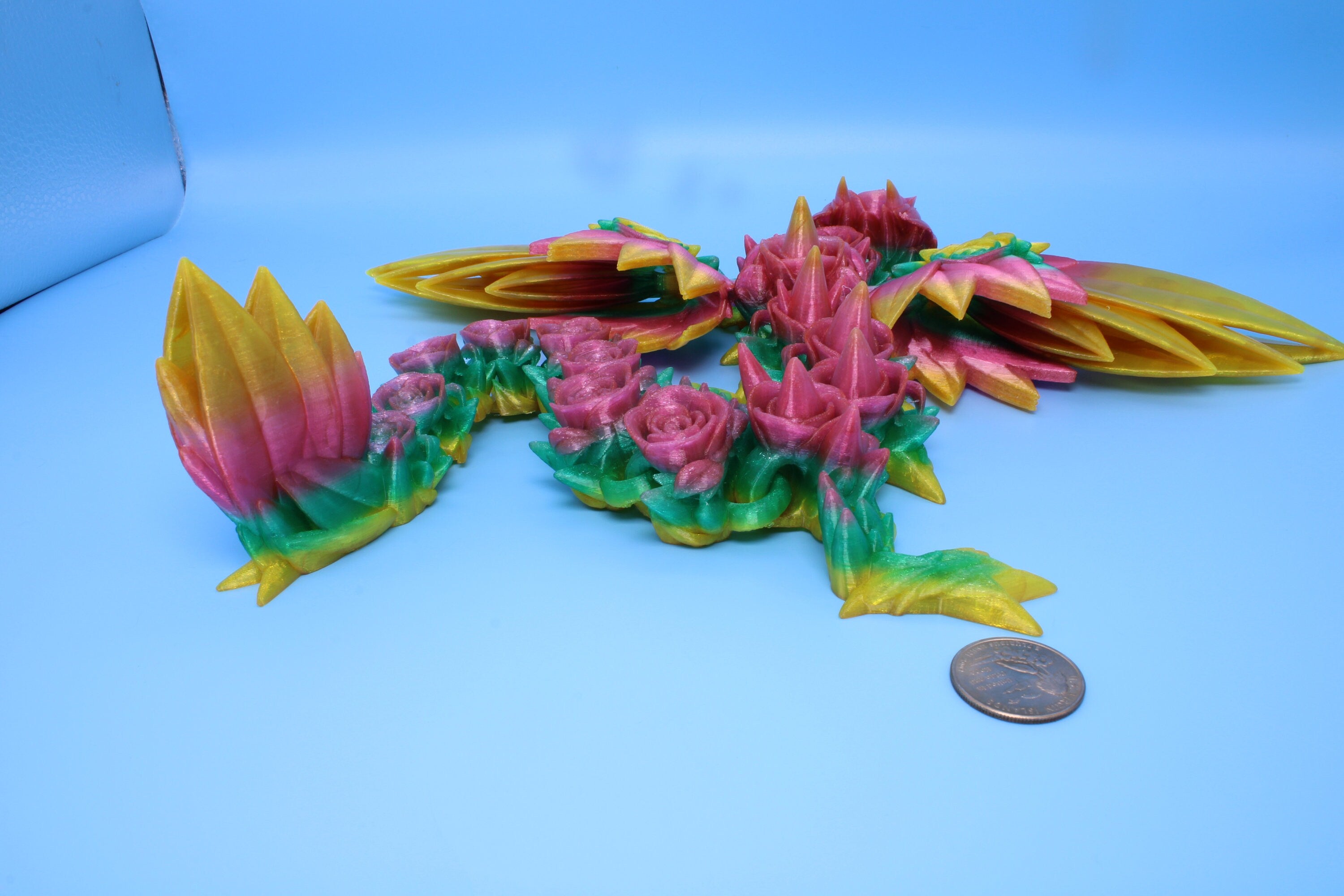 Flexible Rainbow Rose Wing Articulating Dragon | 3D Printed Fidget | Flexi Toy | Adult Fidget Toy | Sensory Desk Toy | 19 in. | (TPU).
