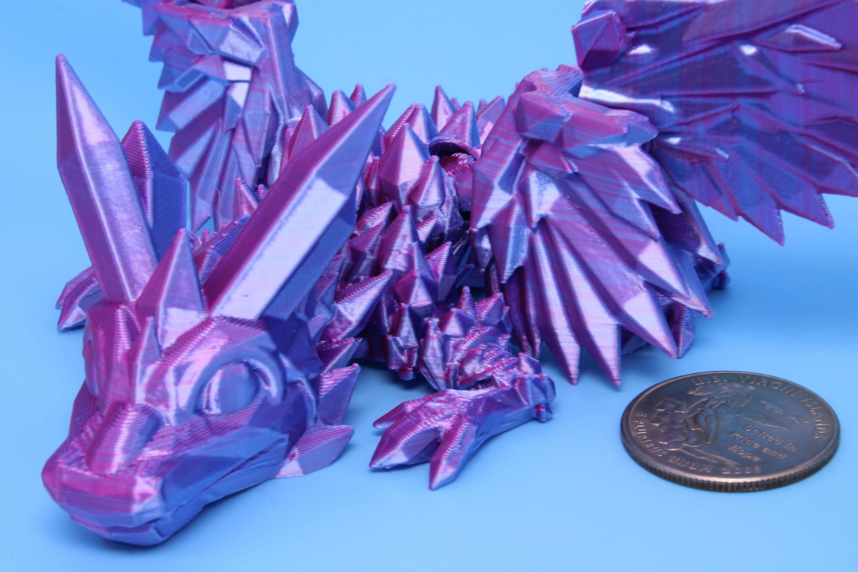 Baby Crystal Wing Dragon- Blue, Pink & Purple Tones | Miniature | 3D printed | Dragon Fidget | Flexi Toy | 7 in. | Pet Dragon.