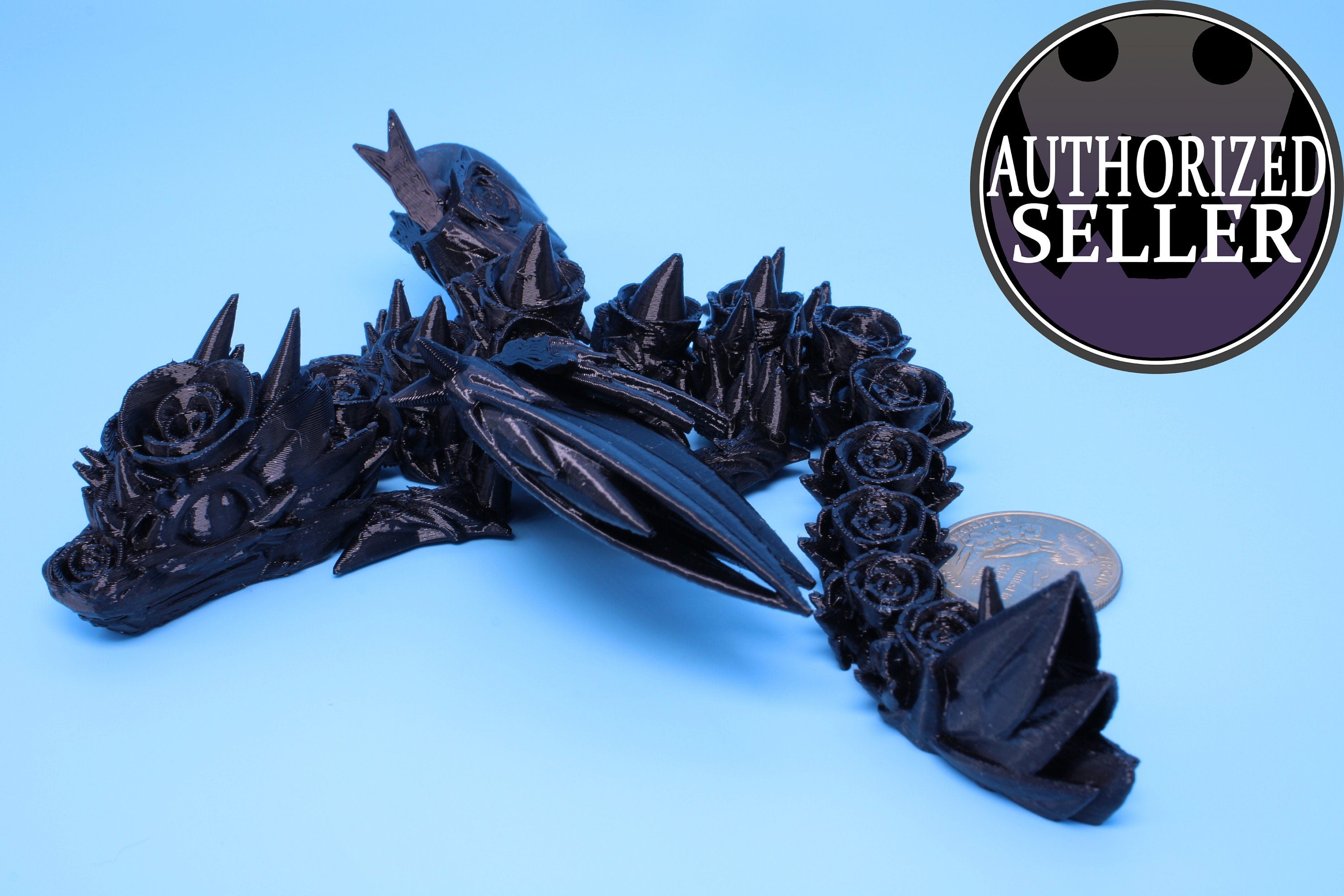 Baby Rose Wing Dragon | Black | 3D Printed | Fidget | Flexi Toy 8.5 in. | Stress Relief Gift