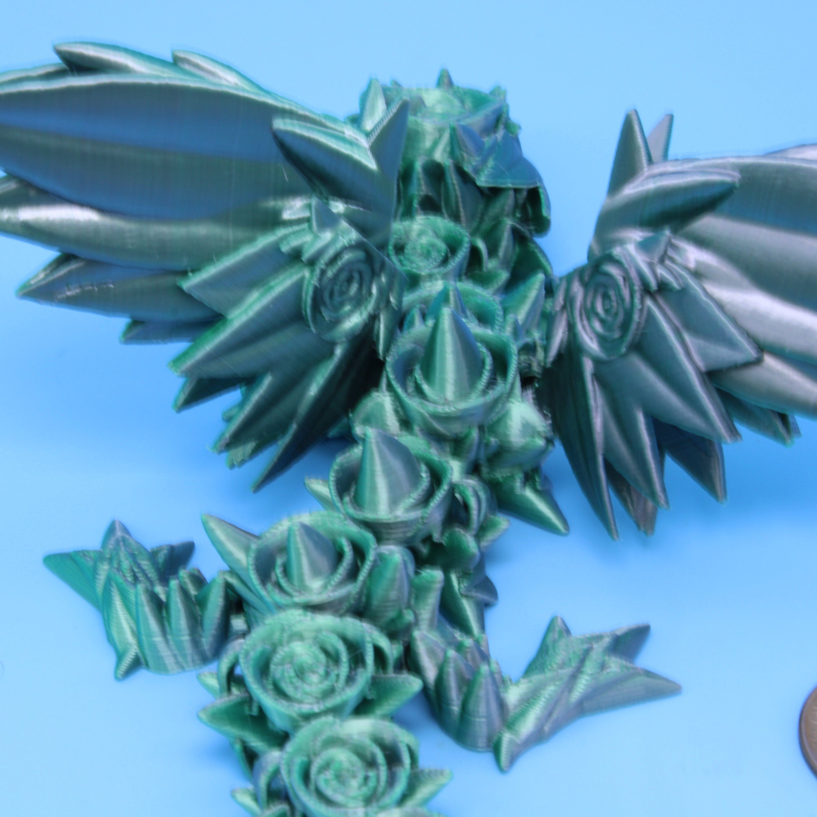 Baby Rose Wing Dragon | Green / Silver | 3D Printed 8.5 in.