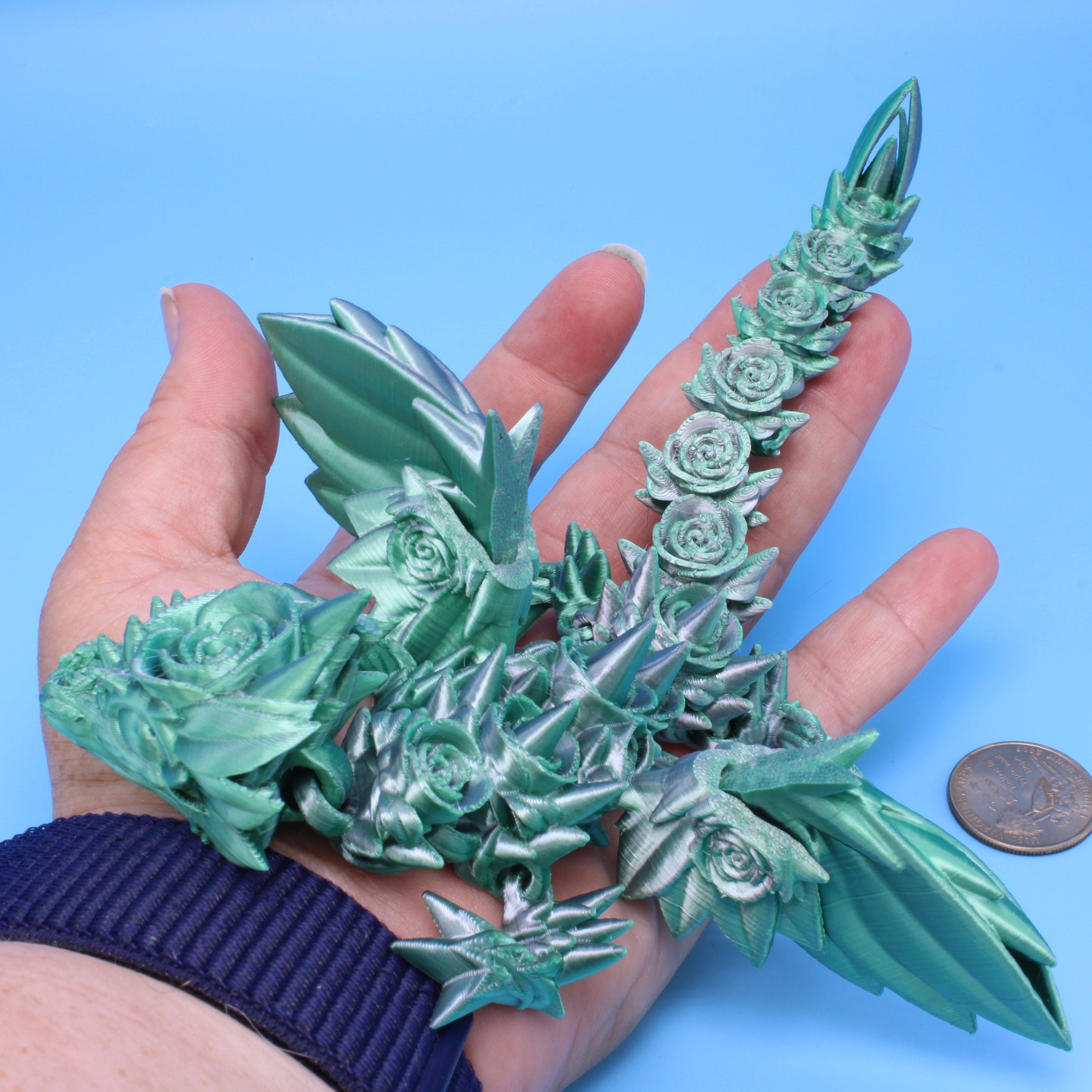 Baby Rose Wing Dragon | Green / Silver | 3D Printed 8.5 in.